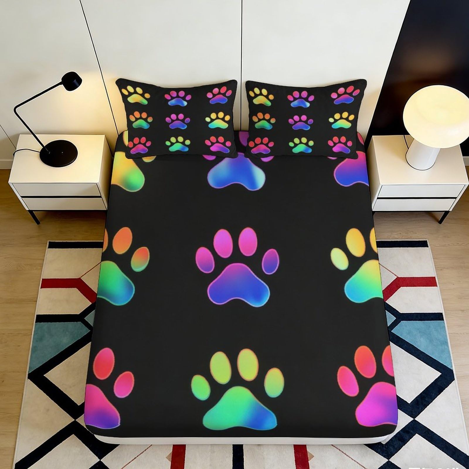 Jqzkxnhpbr Style-5 3D Printed Rainbow Paw Fitted Sheet Microfiber Soft Breathable Colorful Animal Bed Cover For Bedroom Dorm Decor Mattress Protection 90X200x25cm