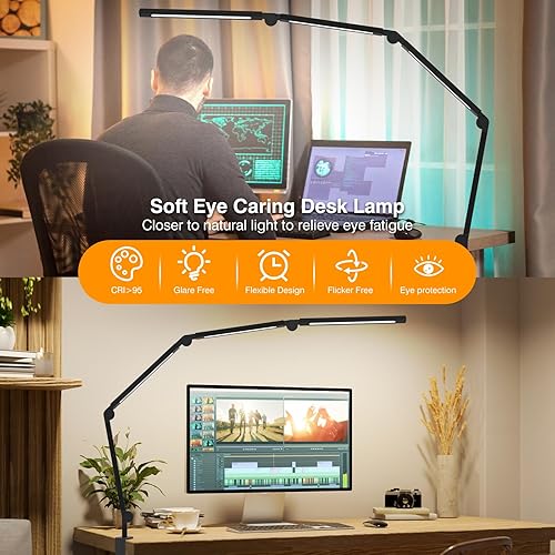 Miniatura 2 de Lámpara de escritorio LED con abrazadera, brazo oscilante ajustable para oficina en casa, luz de mesa de cuidado de ojos regulable, aluminio negro