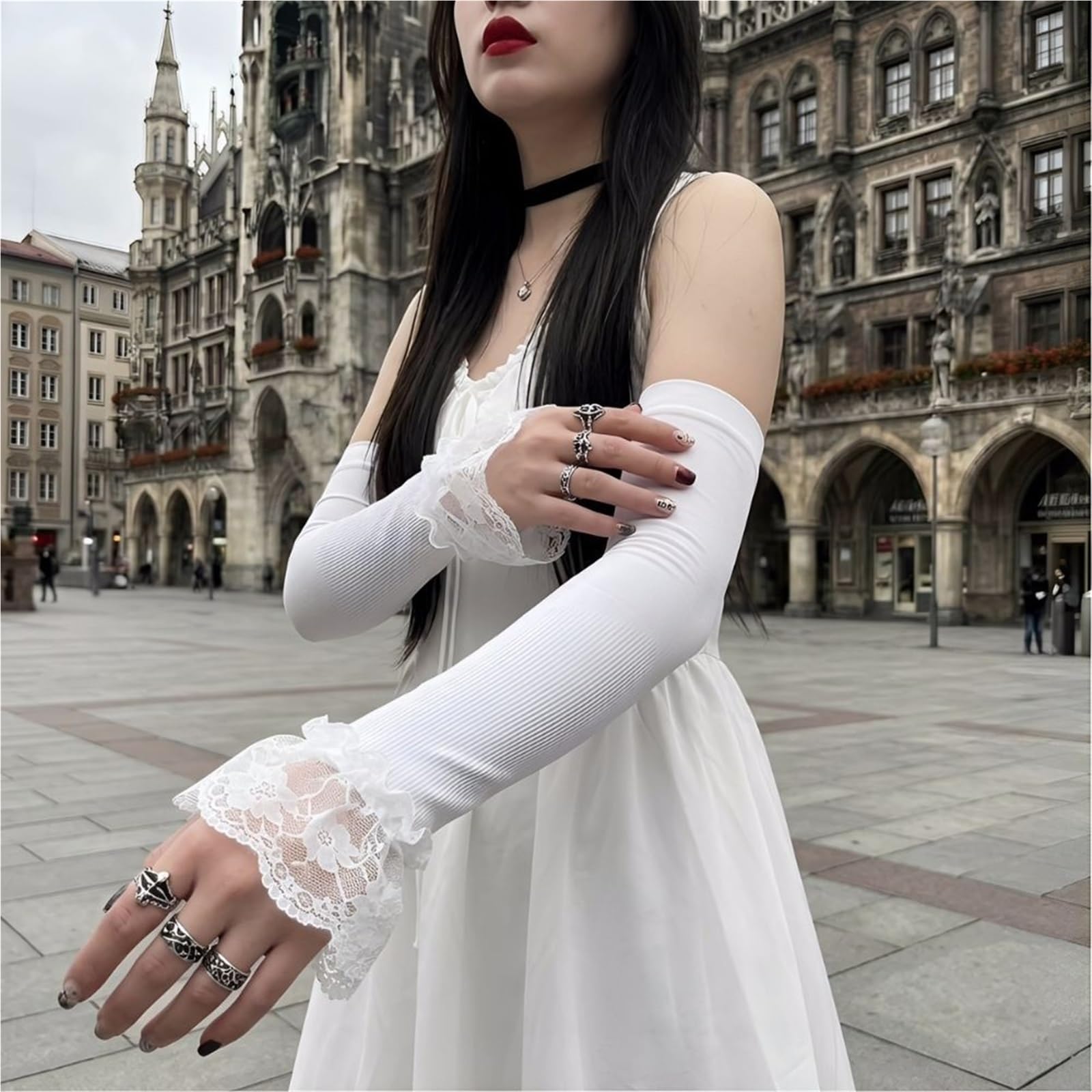 2 pares de guantes largos elásticos protección solar for mujer, sin dedos encaje elegantes, protector for el brazo Para Actividades Al Aire Libre Y Viajes