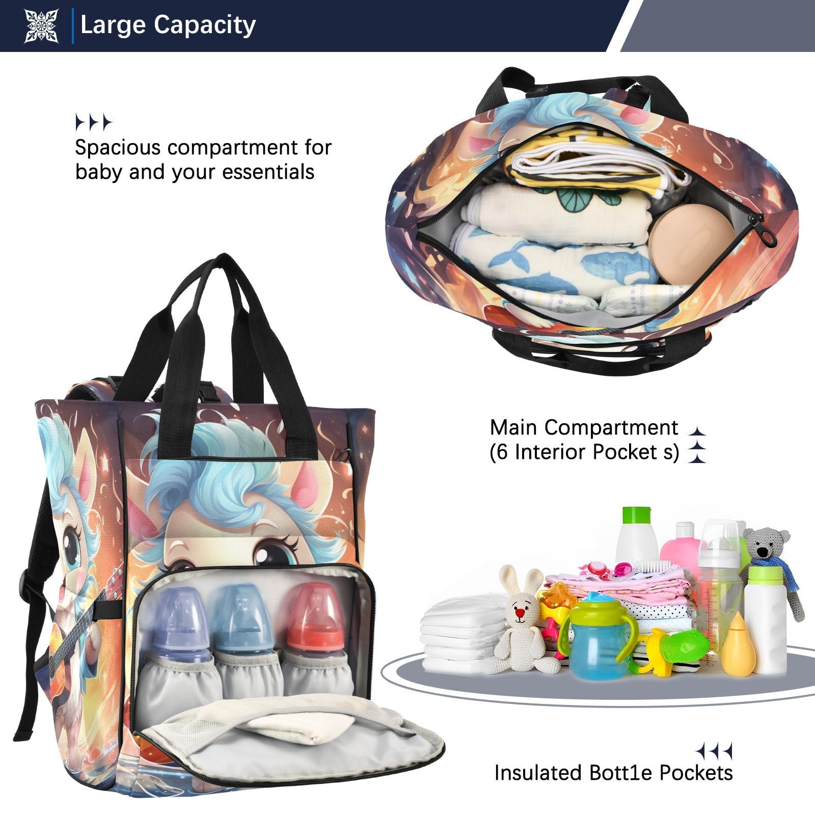 Musicale Giocoso Unicorno Blu Borsa per Pannolini Zaino Grande Capacità Borsa Mamma per Viaggia All'aperto