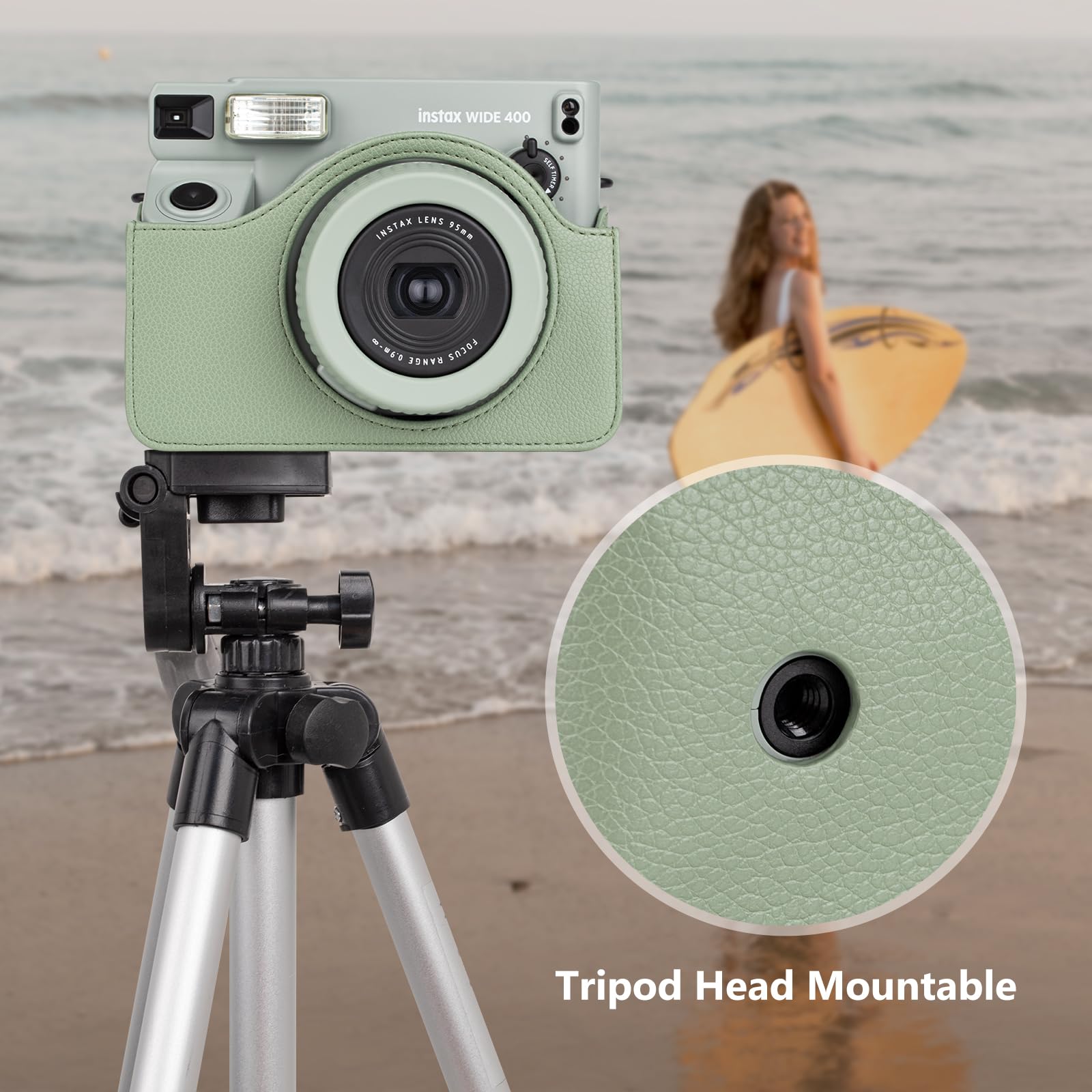 MUZIRI KINOKOO Custodia Compatibile per Instax Wide 400 Instant Camera, Custodia Protettiva in Pelle PU per Fuji Instax Wide 400 Instant con Tracolla Regolabile - Verde
