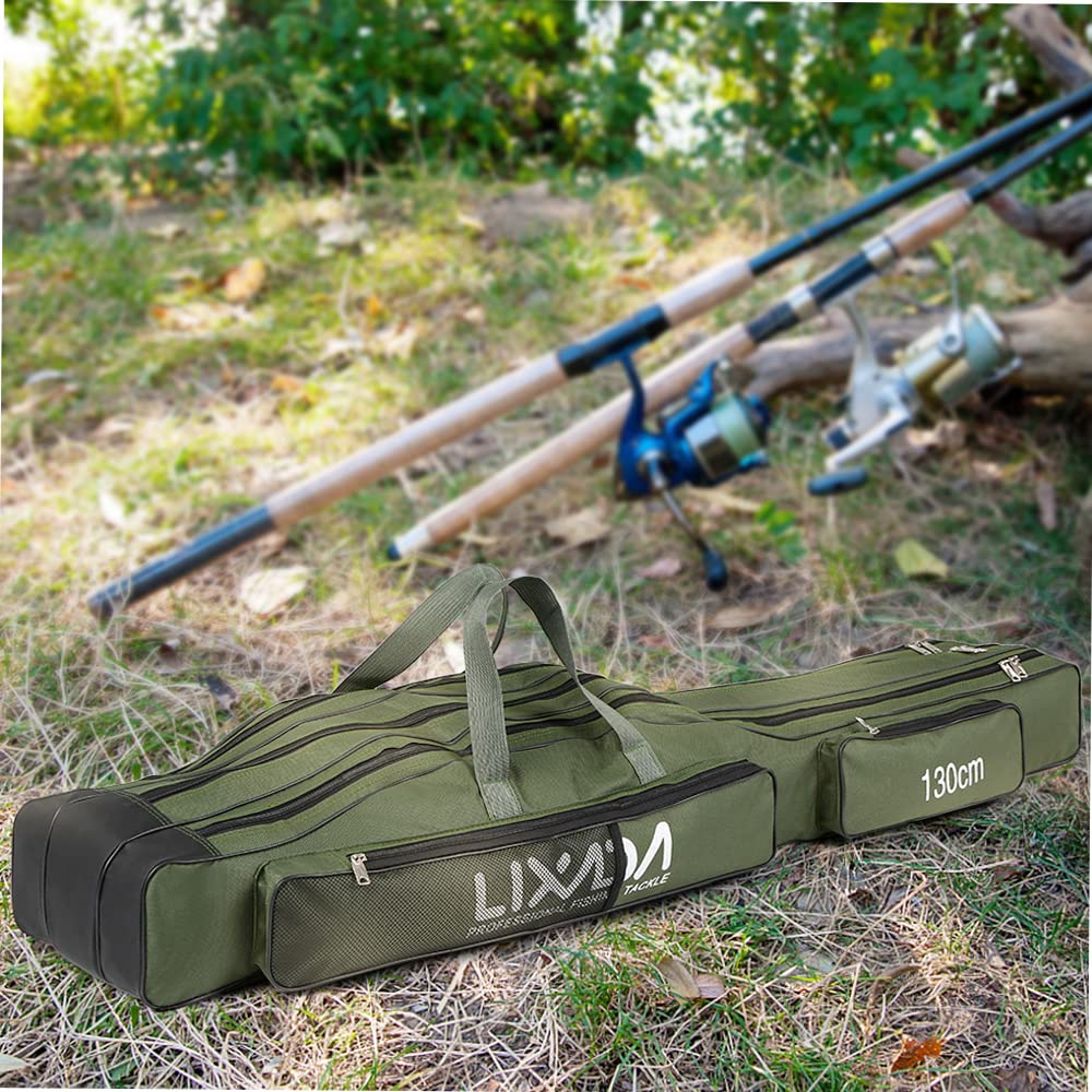 HUIOP 130cm / 150cm Trójwarstwowa torba wędkarska Przenośna składana wędka Kołowrotek Narzędzie Carry Case Carrier Travel Bag,Torba na sprzęt wędkarski, Zielona Armia, 150cm