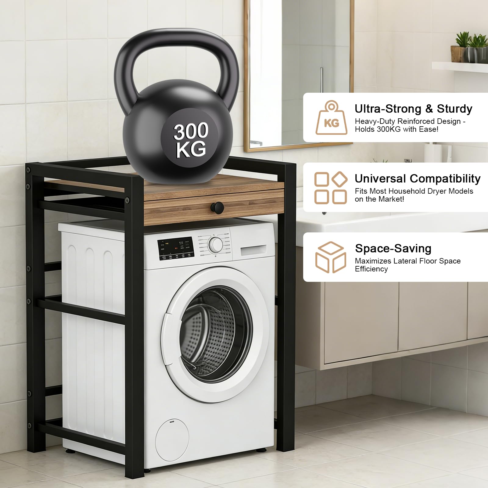 Waschmaschine Regal 300 kg Belastbar, Waschmaschine und Trockner übereinander, Schwarz mit Schubladen
