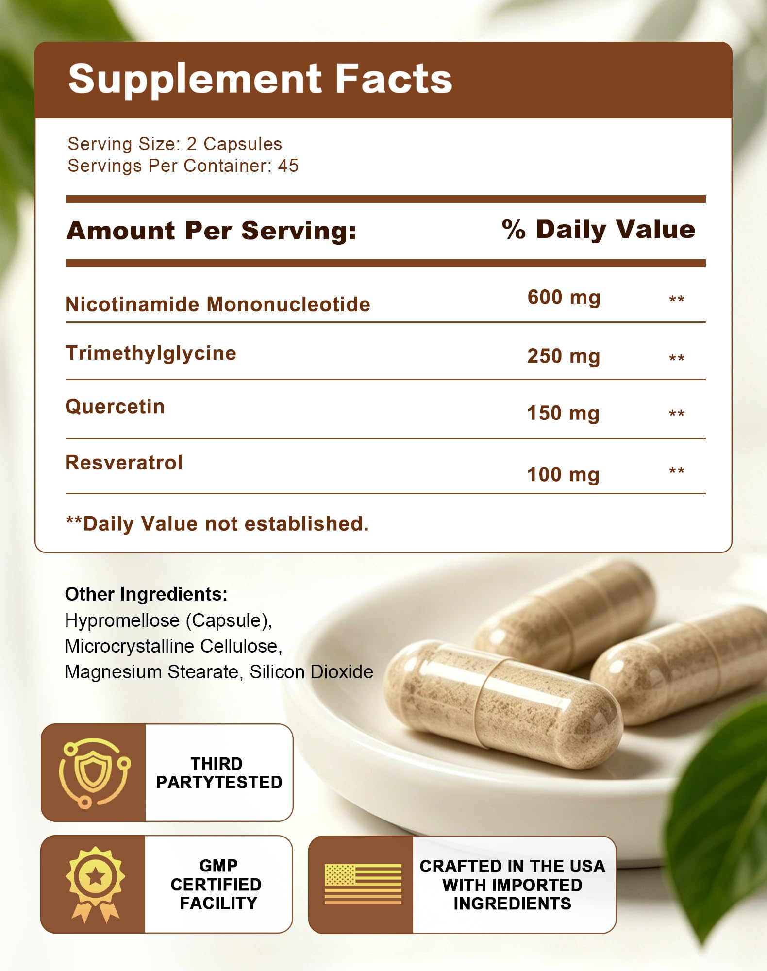 NMN NAD Supplement 1100mg,90 Capsules,Dietary Supplement4-in-1 Enhanced with Quercetin &Resveratrol & TMG | NAD+ Support & Optimizer for Cellular Energy, Anti-Aging — Amazon image 6
