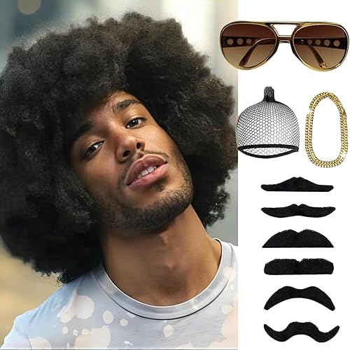 BECUS Juego de 5 pelucas afro para hombre, peluca de discoteca de los años 70 y 80 para hombres, fiesta de Halloween, pelucas cortas para niños,