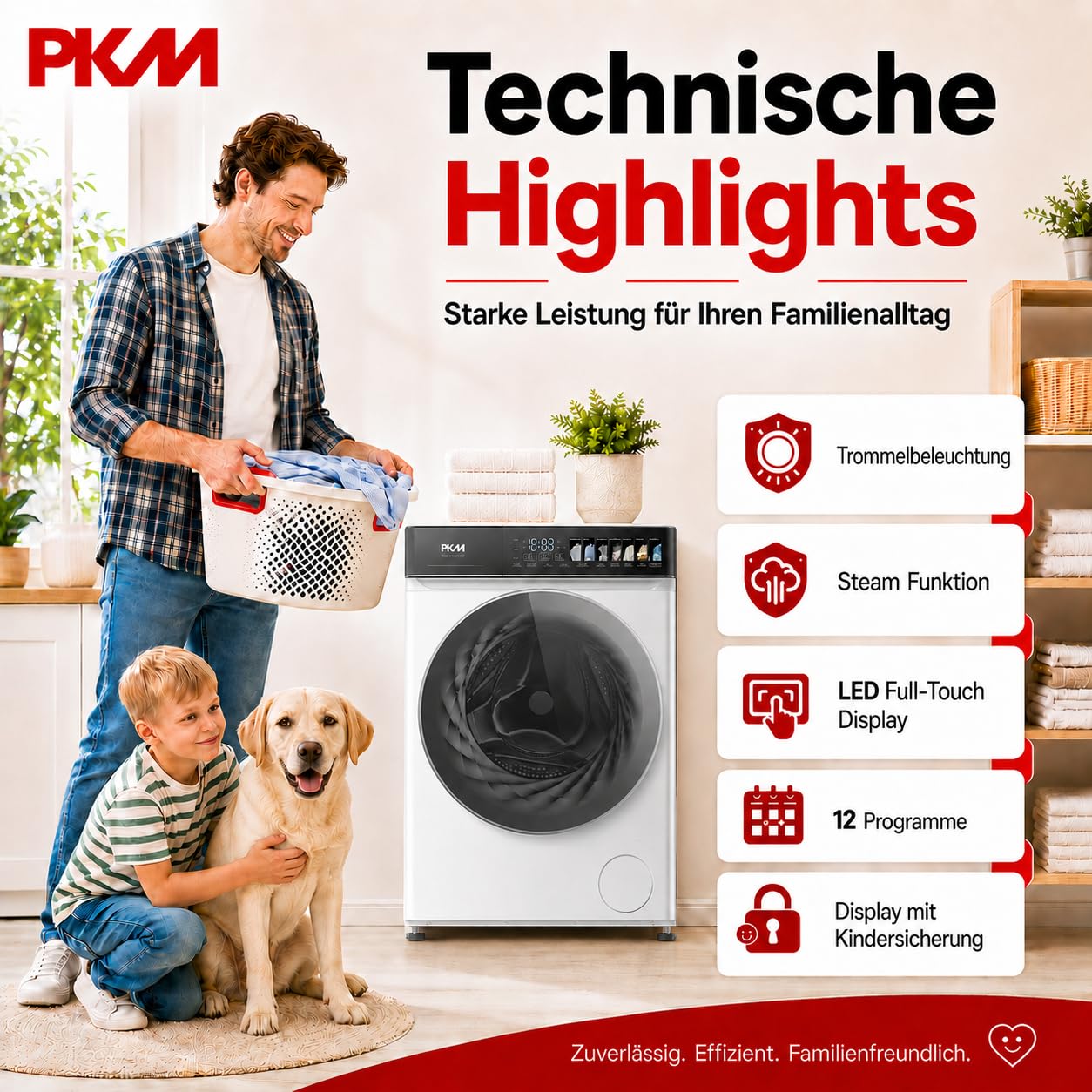 PKM Waschmaschine WA9-12TCAT - Energieeffizienzklasse A, Großes Touch-Display, Steam Funktion, AquaStop, 12 Programme