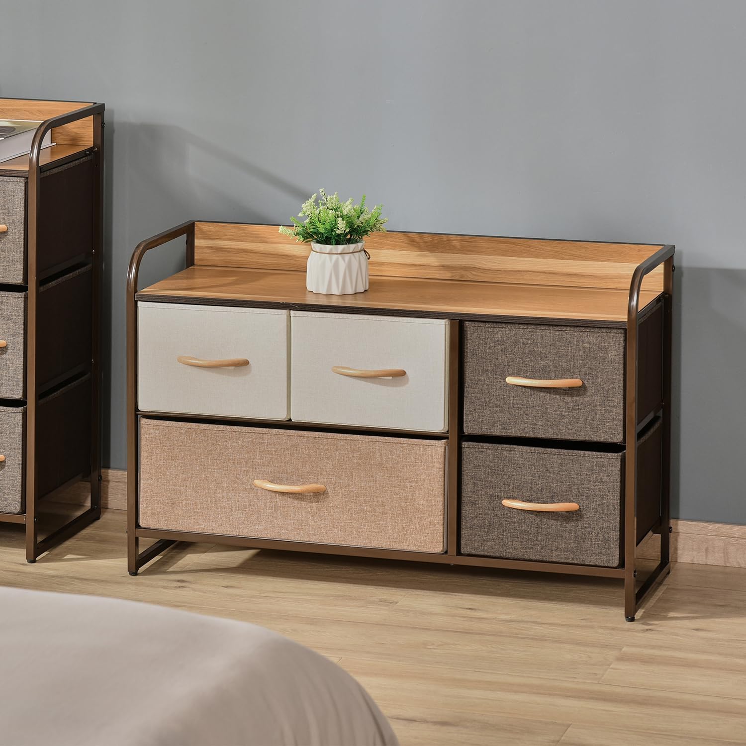 5-Drawer Cabinet, Fabric of Drawers, 2-Tier Storage for Home Entryway, Tower Unit with Steel Frame Wooden Top, Maple Wood
