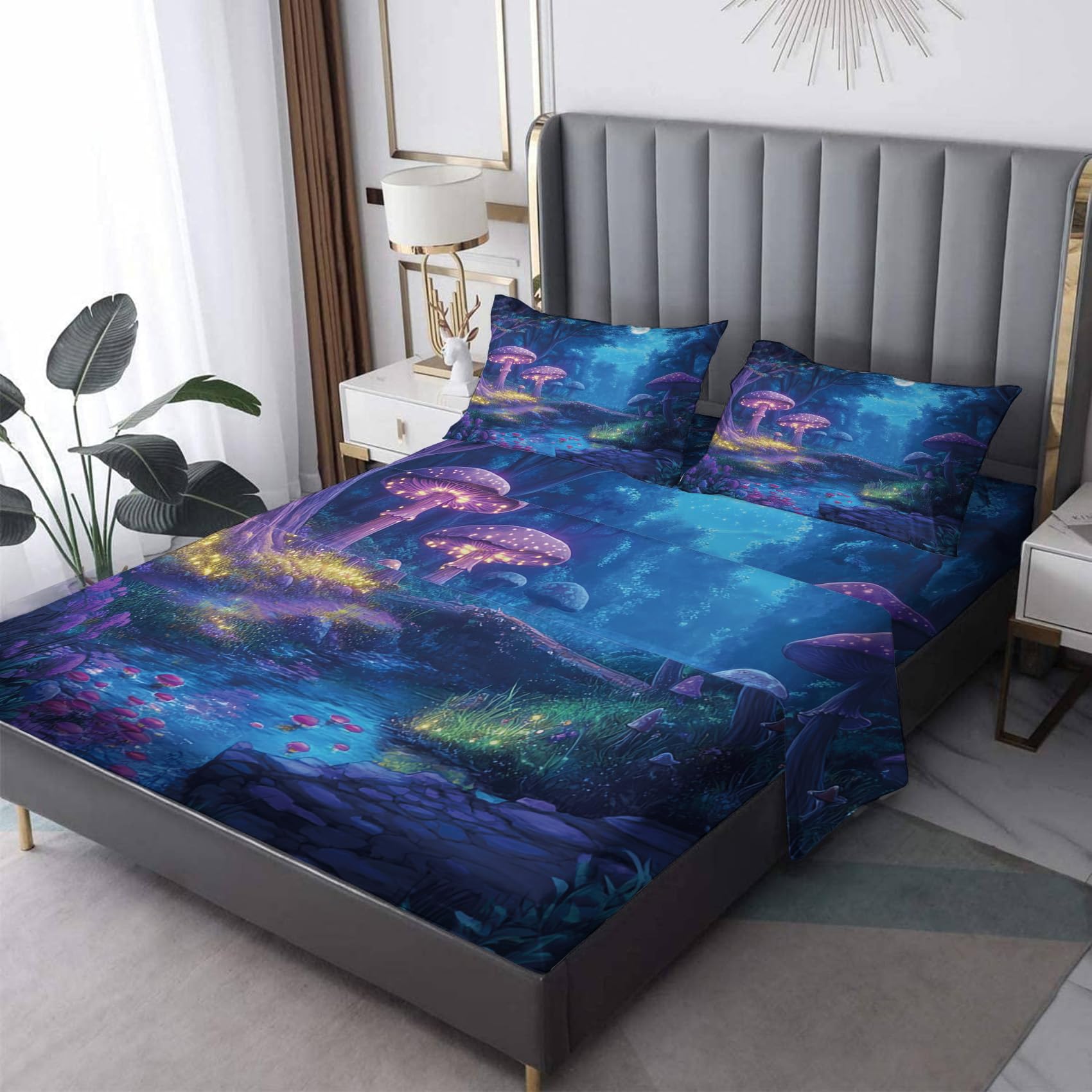 Zvynqour Psychedelic Mushroom Bed Sheets Cal King Size - Fantasy Forest Sheet Set - Deep Pocket Fitted Sheets & Flat Sheet & Pillowcases 4 Piece - Colourful Strange Bedding & Decor
