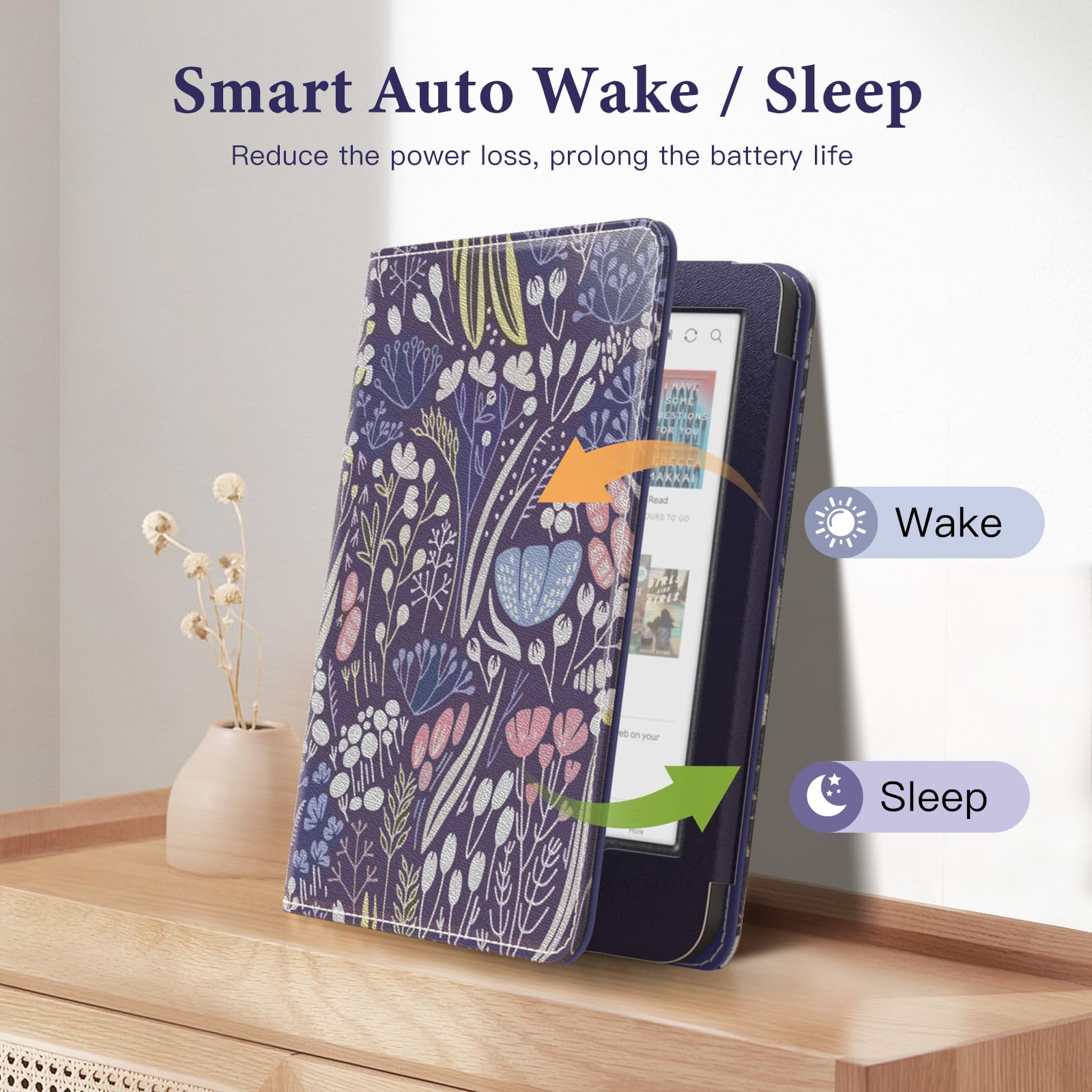 MoKo Case dla Tolino Shine Color/Shine 5(2024)/4(2022) Kobo Clara Colour/BW/2E, PU Cover z Auto-Awakening/Sleep, Slot, Pasek i Podpórka, Nocny Niebieski