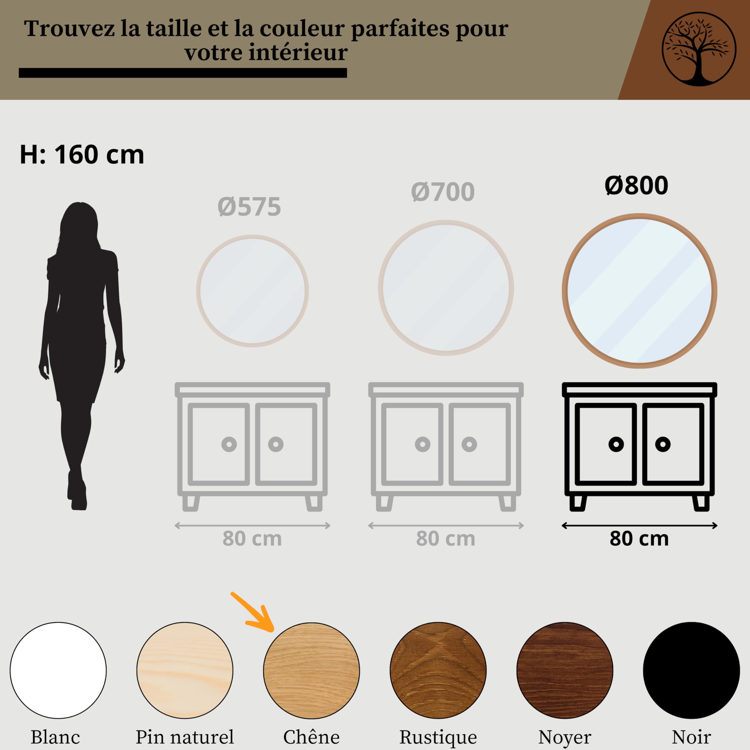 LEJA – Miroir Mural Rond, Cadre en Bois (∅80 cm), chêne – pour Salle de Bain, entrée, Salon, Chambre
