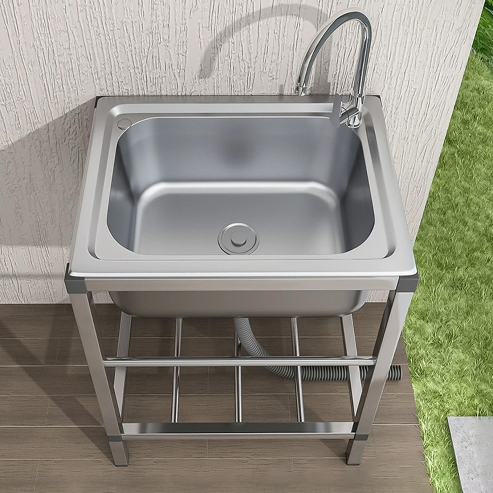 Lavabo portatile da esterno in acciaio con rubinetto e rubinetto, ideale per giardino, campeggio e seminterrato, lavabo