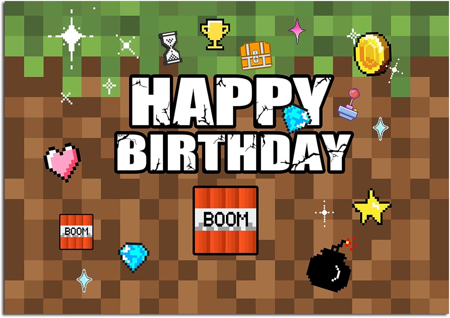 Pixel Backdrop Happy Birthday Party Decoration 5x3Ft Video Game Themed Banner Gaming Gamer Photo Background for Kids Boy Cake Table Supplies 5x3 Ft 1-happy birthday-A