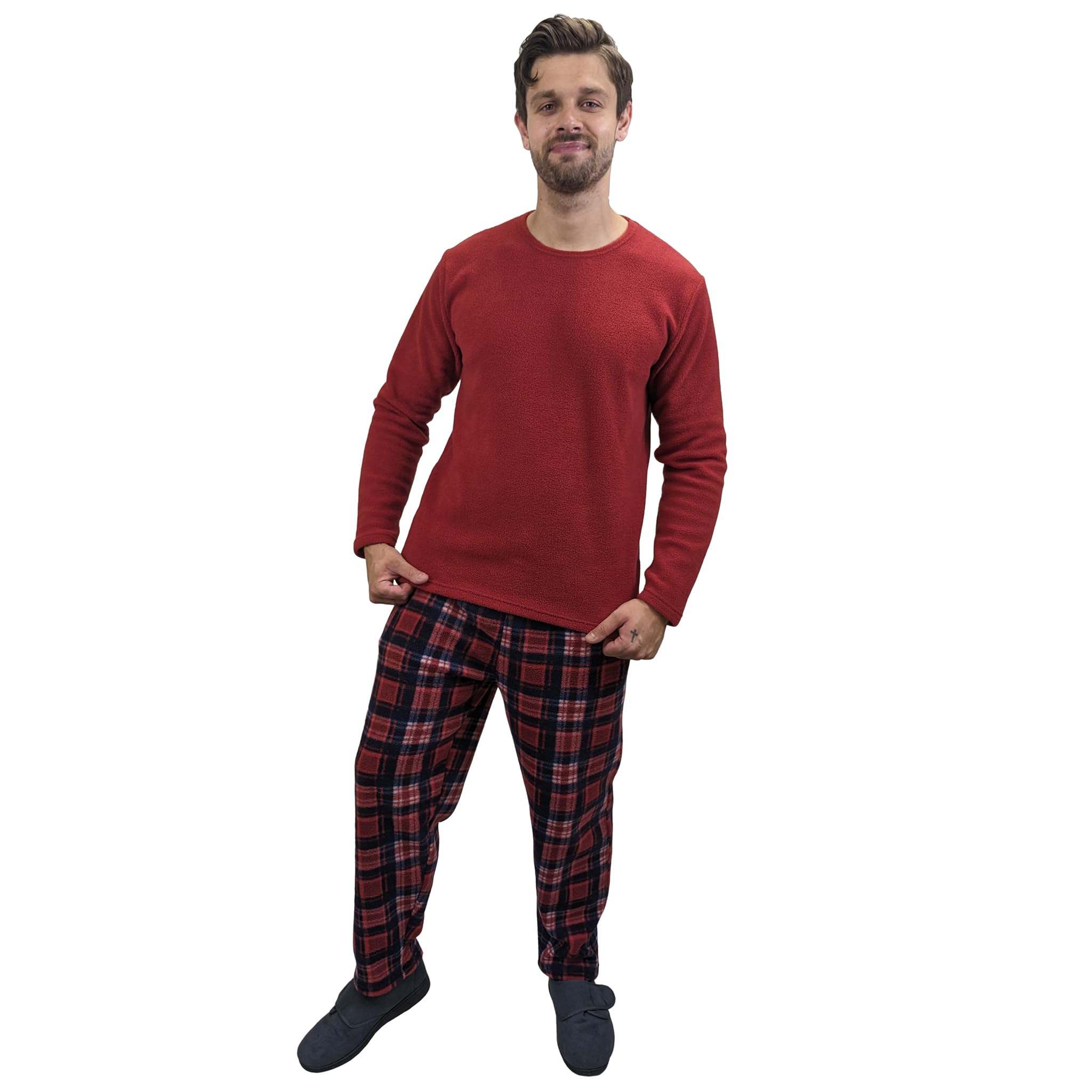 KRUXADER Mens Warm Fleece Loungewear PJ Pyjama Set PJ's Pyjamas Sets (Gunner Winter Red, 2XL)
