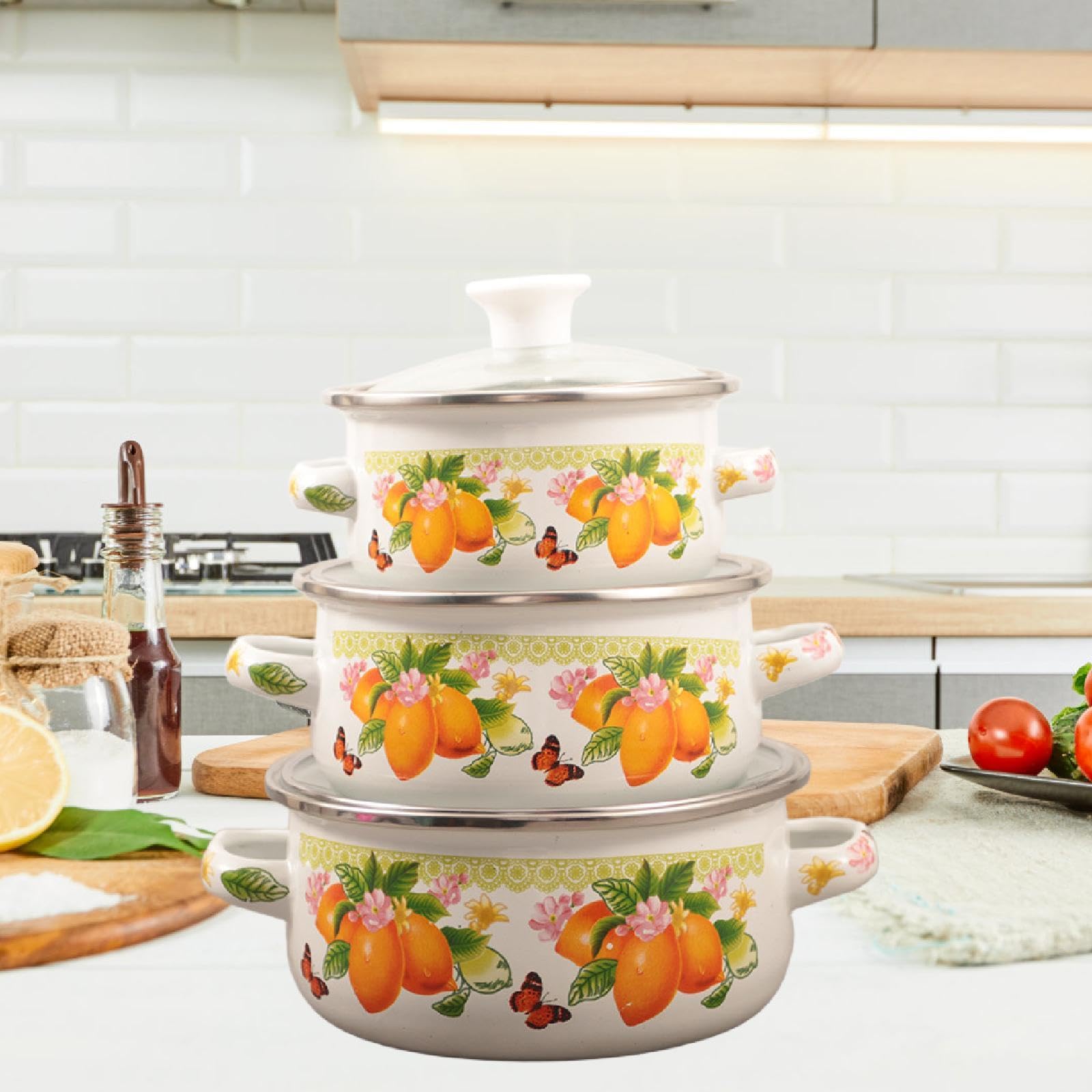 3 Pentole Smaltate con Coperchio, Pentole per Zuppa a Doppio Manico, Smaltate per Ristoranti, Sale Da Pranzo E Cucine, Limone