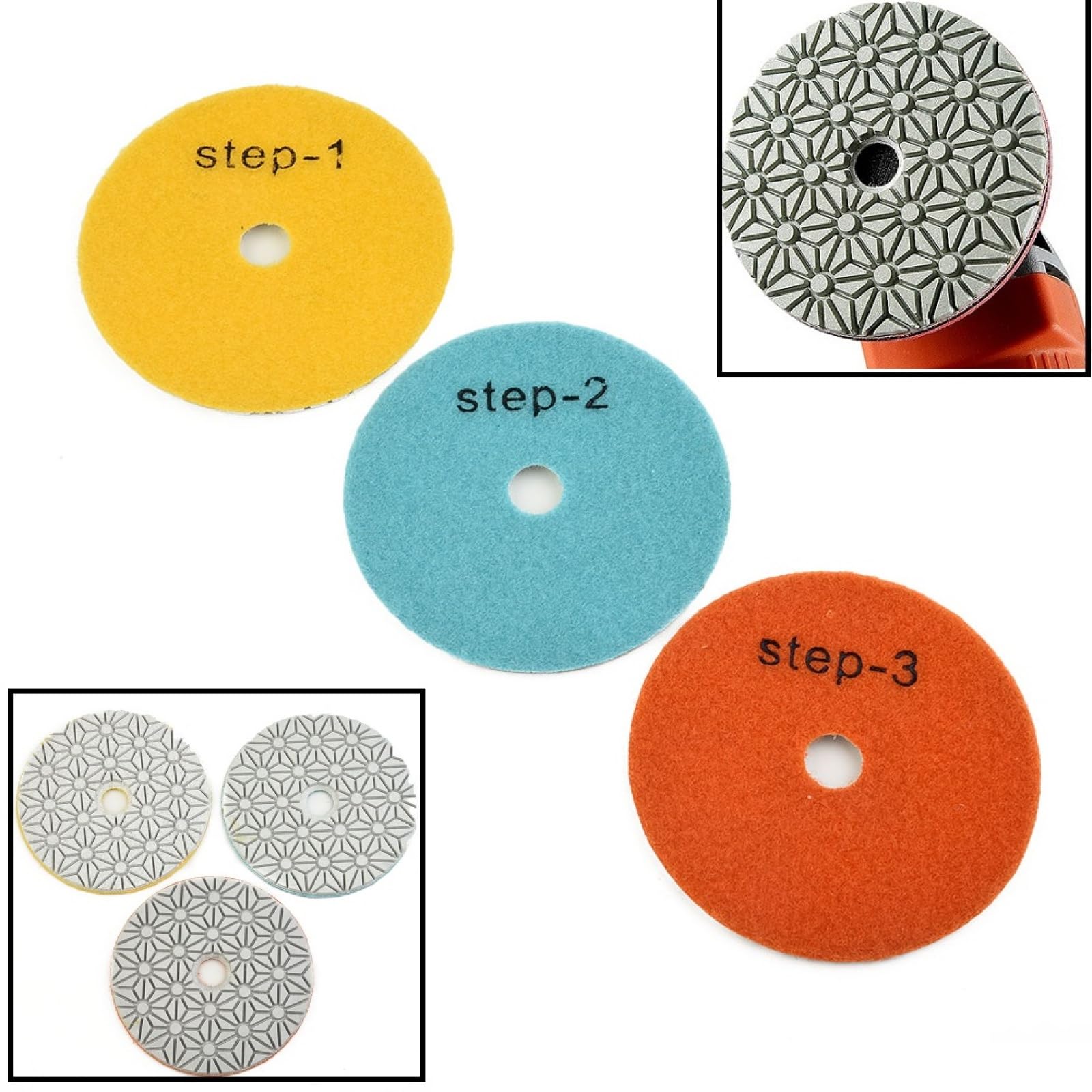 3-teilige Diamant-Polierpads 4 Zoll - Für Granit, Marmor & Beton | Profi Polierscheiben Set