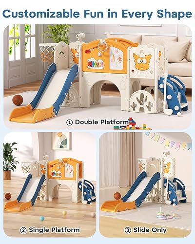 Miniatura 4 de BIERUM Juego de toboganes para niños pequeños con aro de baloncesto, juego de golf y tabla de dibujo, 13 en 1 para interiores y exteriores, parque