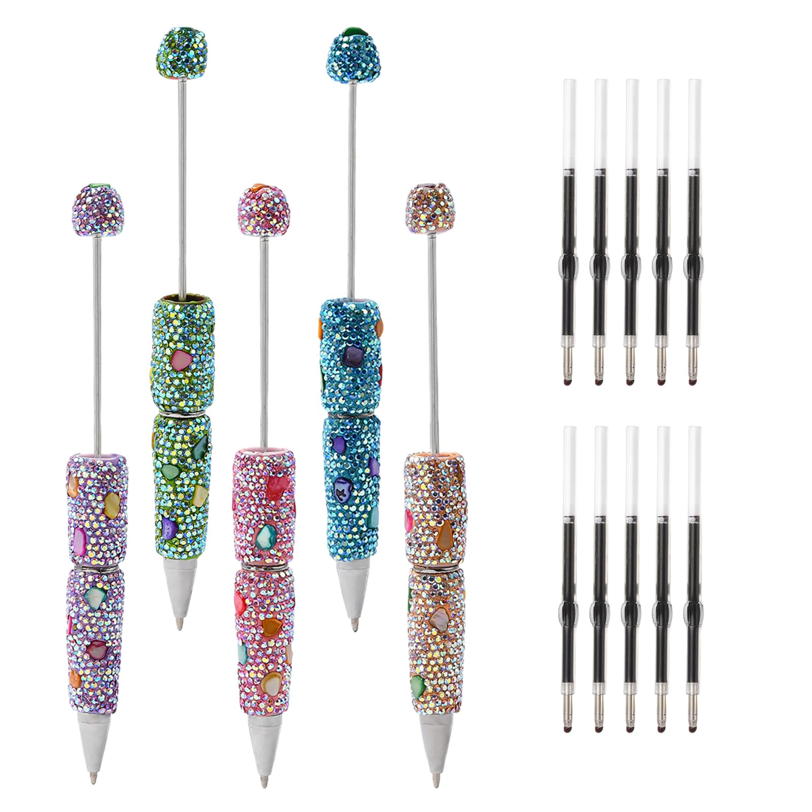 HUAAPLEVLA 5 Pcs Rhinestone Shell Beadable Pens Bulk Cute Journaling Pen for Beads Plastic Beaded Pens with Refills for DIY Pen Making Supplies Office Staff School Teacher Students Gifts