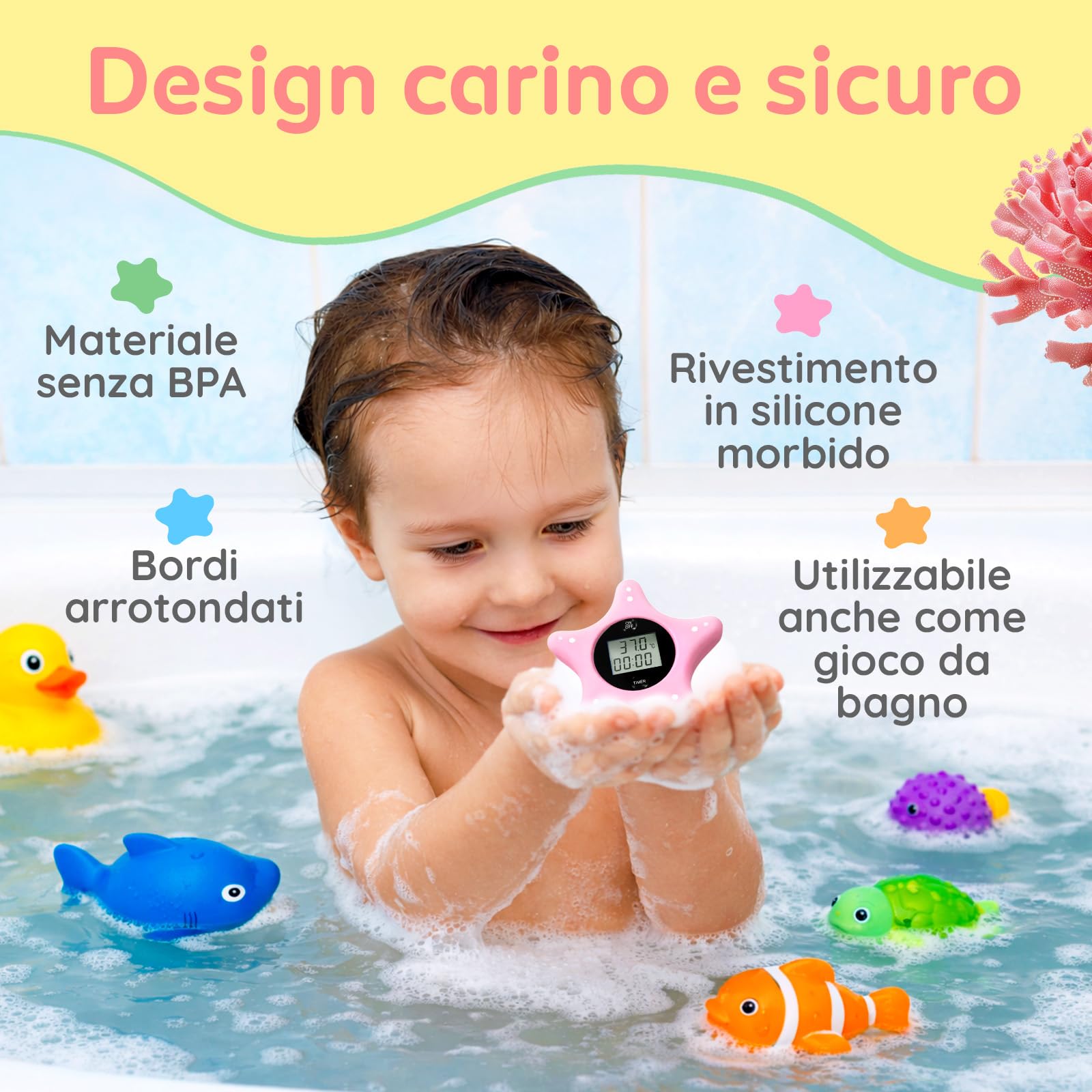 Termometro Bagno Neonato Digitale e Timer - Stella Marina in Silicone Morbido - Termometro ad Acqua Galleggiante - Giocattolo per Neonati e Bambini