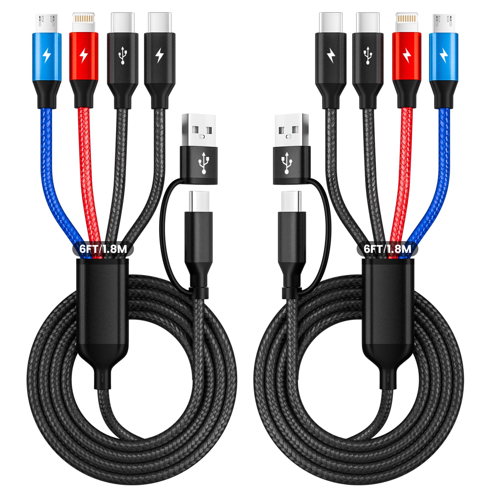MPATIBY Paquete de 2 cables de carga 4 en 2 de viaje de 6 pies con puerto doble tipo C, cable de carga múltiple USBA/C para múltiples dispositivos, cable de carga de cobre estañado para iPhone 17-12