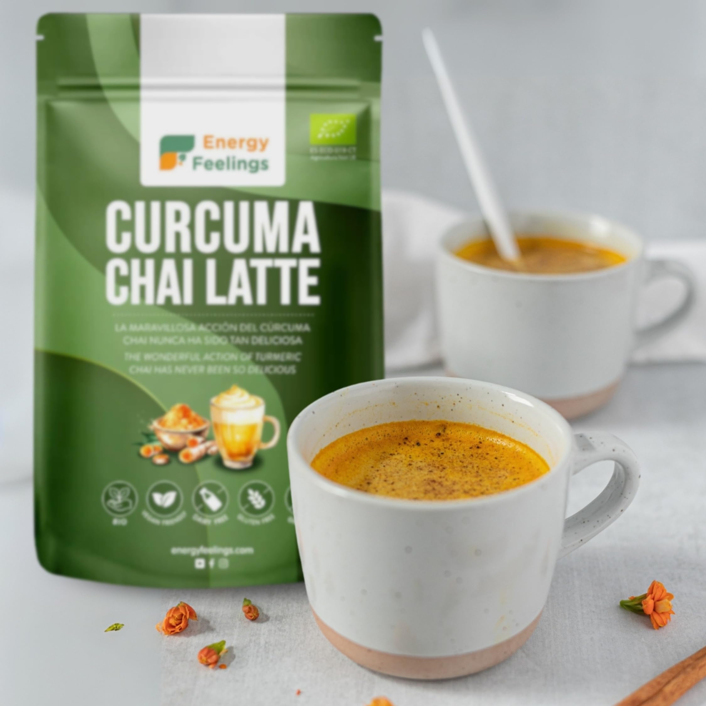 Energy Feelings Curcuma Chai Latte in Polvere BIO 500g,Golden Milk, Latte Dorato. Antiossidante e Antinfiammatorio Naturale. Curcuma con Zenzero Pepe Nero e Cannella, Senza Glutine, Vegano