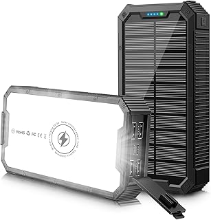 Portable Charger Solar Power Bank 36800mAh Fast Charging Battery Pack with Wireless 5V/3A 34 LEDs Flashlight 4 Output Ports & 2 Input Ports Compatible with Smartphone Tablet Earphone (Black)