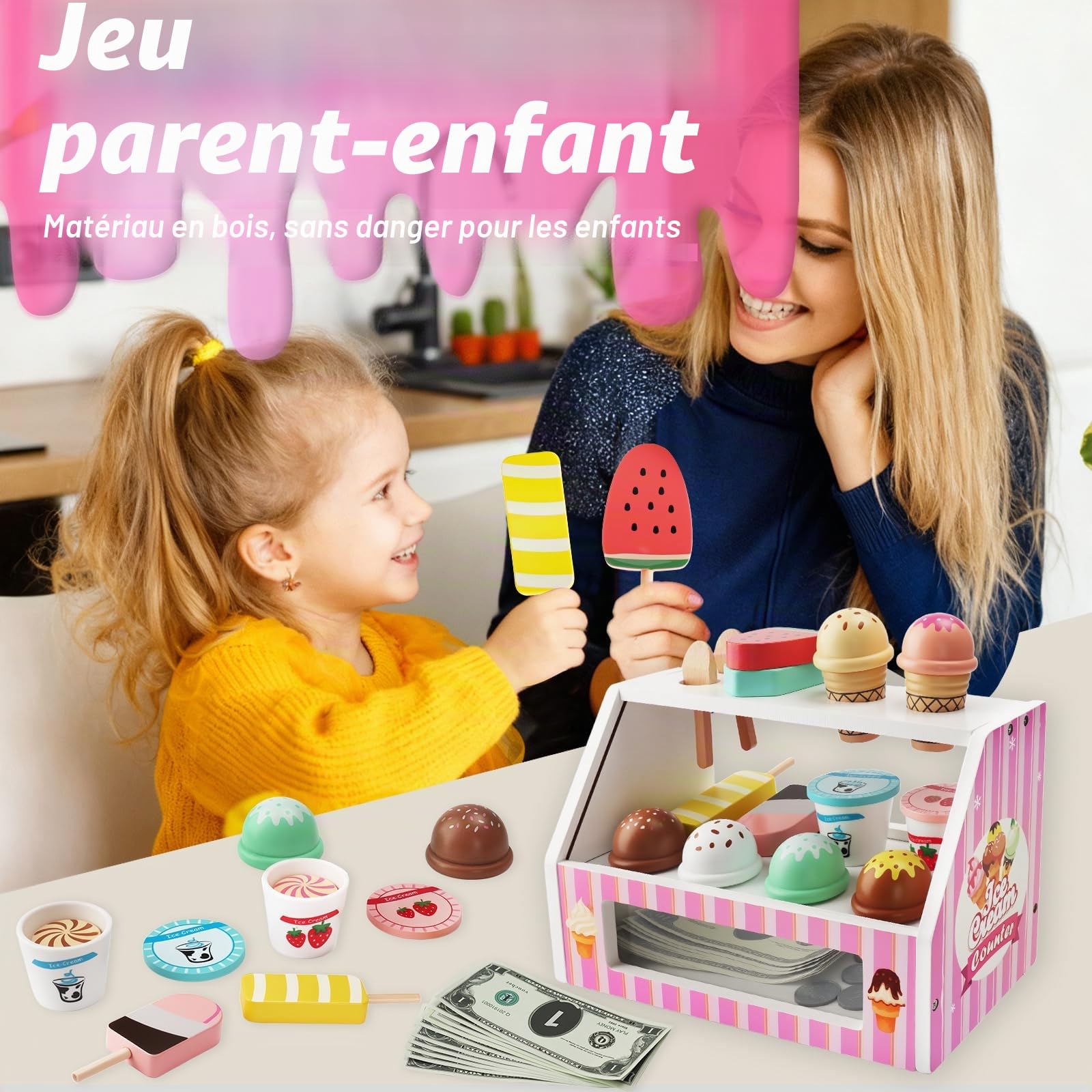 Glacier en Bois pour Enfant,38 Pièces Glaciere Jouet,Cuisine Enfants Accessoires,Magasin pour Enfants Jeu Imitation,Jouet en Bois Jouets Montessori Cadeau pour Garçons Filles à Partir de 3 Ans
