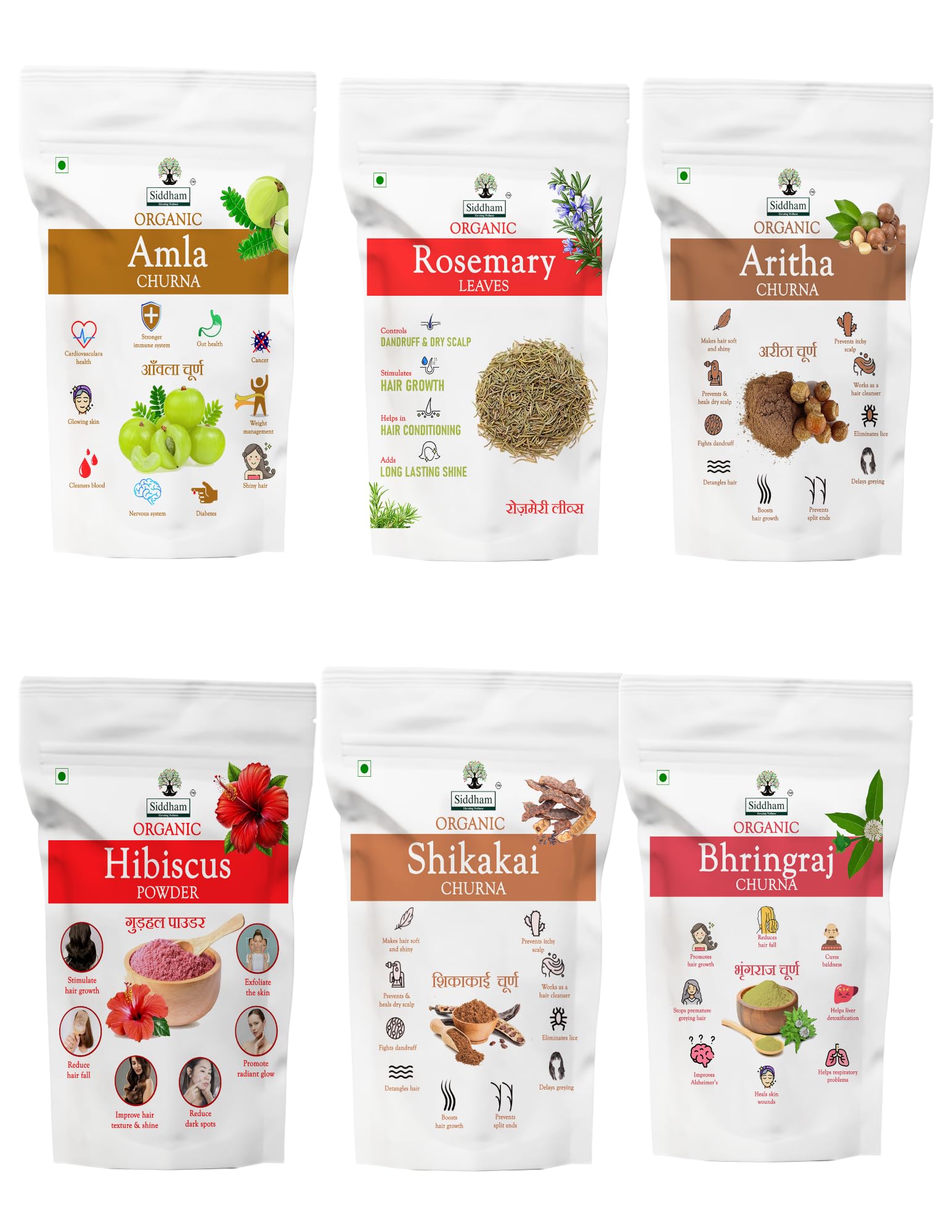 Siddham Organic Hair Care Set, Amla, Shikakai, Aritha, bhirngraj, hibiscus, rosemarry Powder, 600g(100g Each), Natural Hair Cleanser for all hair types-image-33
