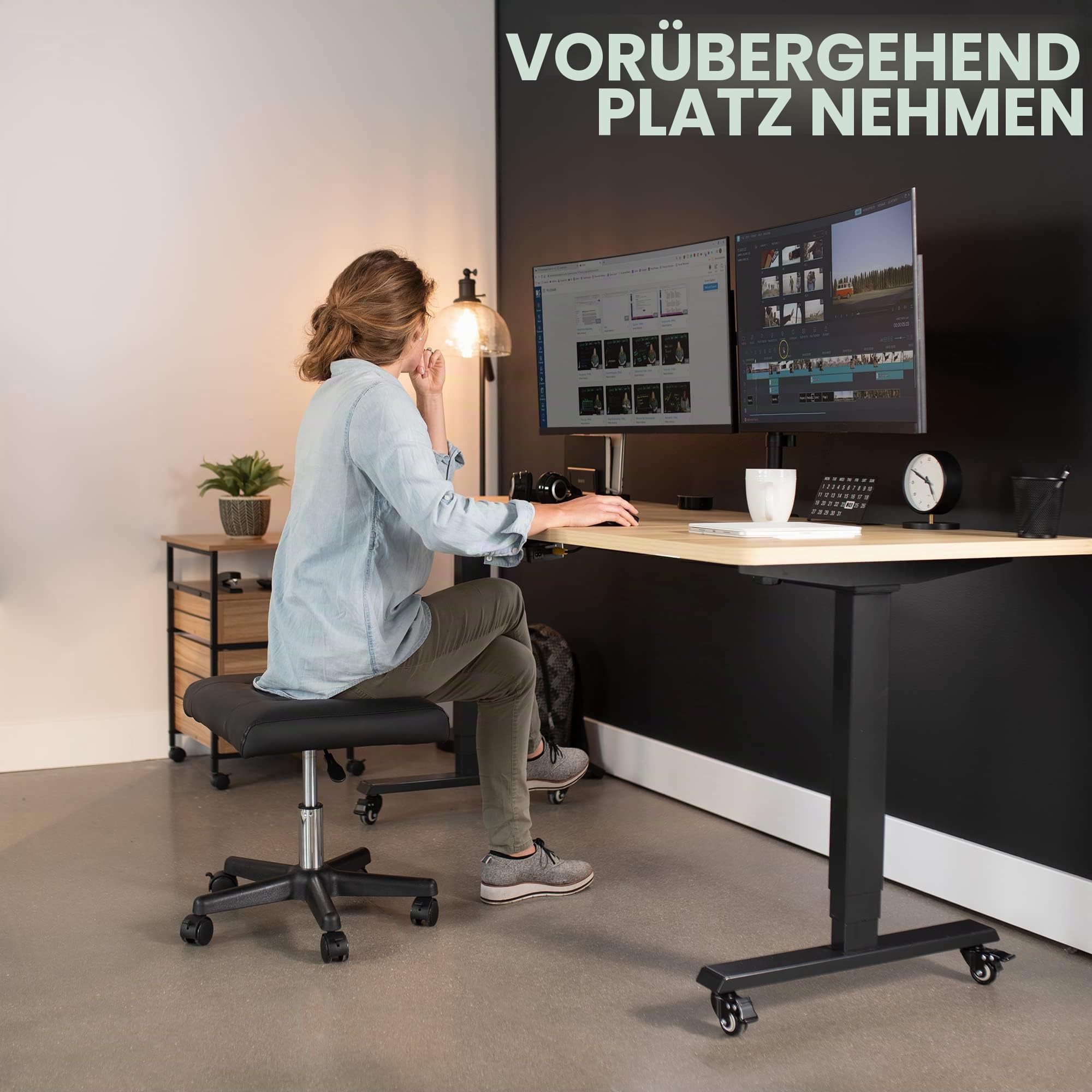 VIVO Mobile Fußstütze mit Rollen, Ergonomische Rollhocker Beinstütze für Arbeitskomfort, Höhenverstellbarer Computer-Schreibtischhocker mit dicker Polsterung, Bürositz, Schwarz, CHAIR-S04F | Roll-Ottomane, pneumatische Höhenverstellung, gepolsterter Fußho