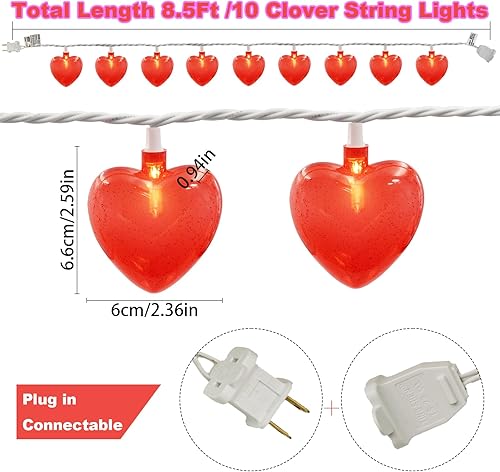 Miniatura 9 de Guirnalda de luces de corazón rojo y rosa de 8.5 pies con 10 luces de corazón 3D rojas y rosas con enchufe para interiores y exteriores, ventana del