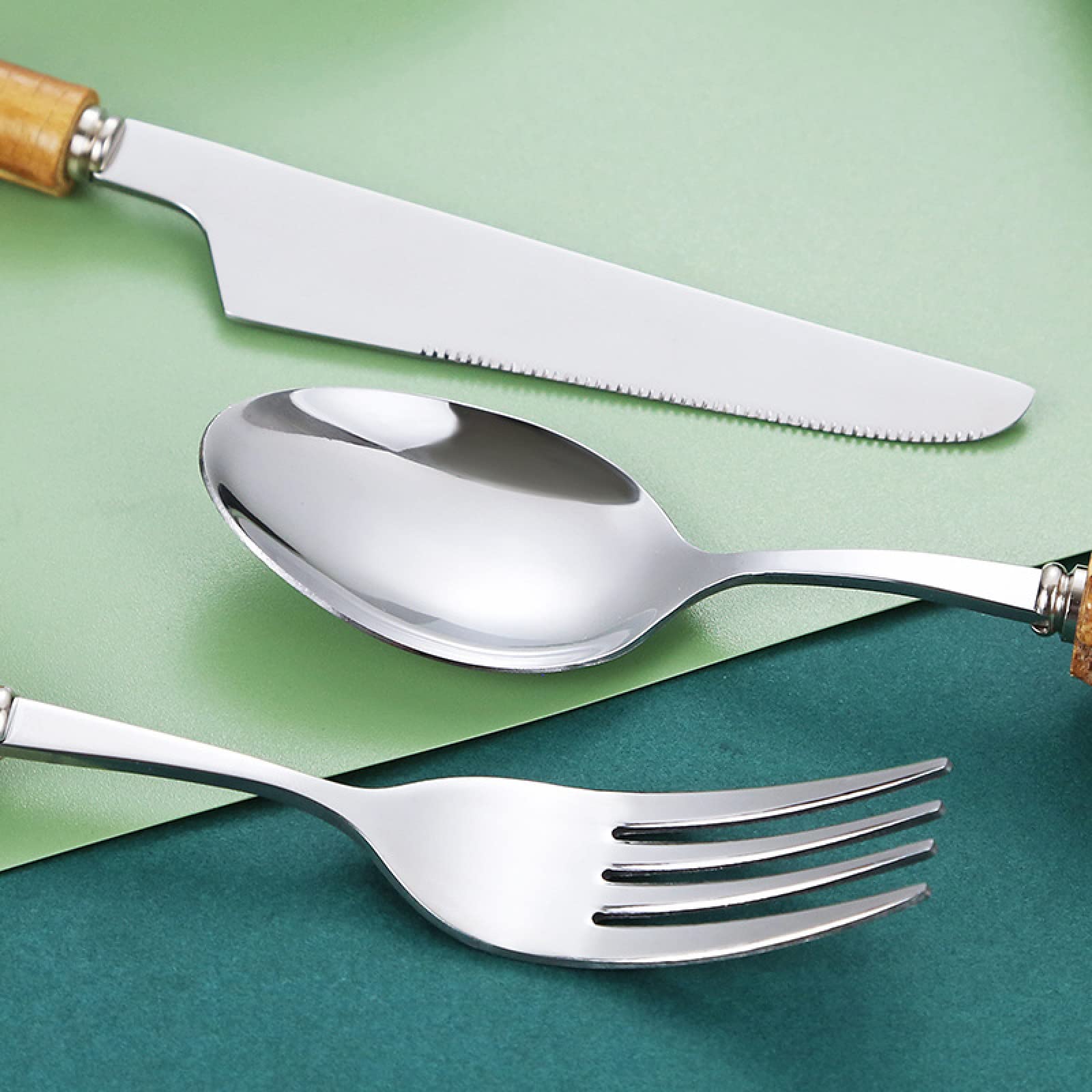 Juegos De Cubertería Juego De Vajilla De Bambú Vajilla Retro Con Mango Natural De Acero Inoxidable Cuchillos Para Carne Tenedor De Mesa Cuchara 30Uds.
