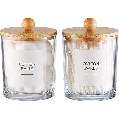 Onsogi Glass Apothecary Jars with Bamboo Lids for Bathroom Organization, Q tip Holder and Cotton Ball Holder are Great for Farmhouse Bathroom Decor, Rustic Bathroom Decor-2 Pack