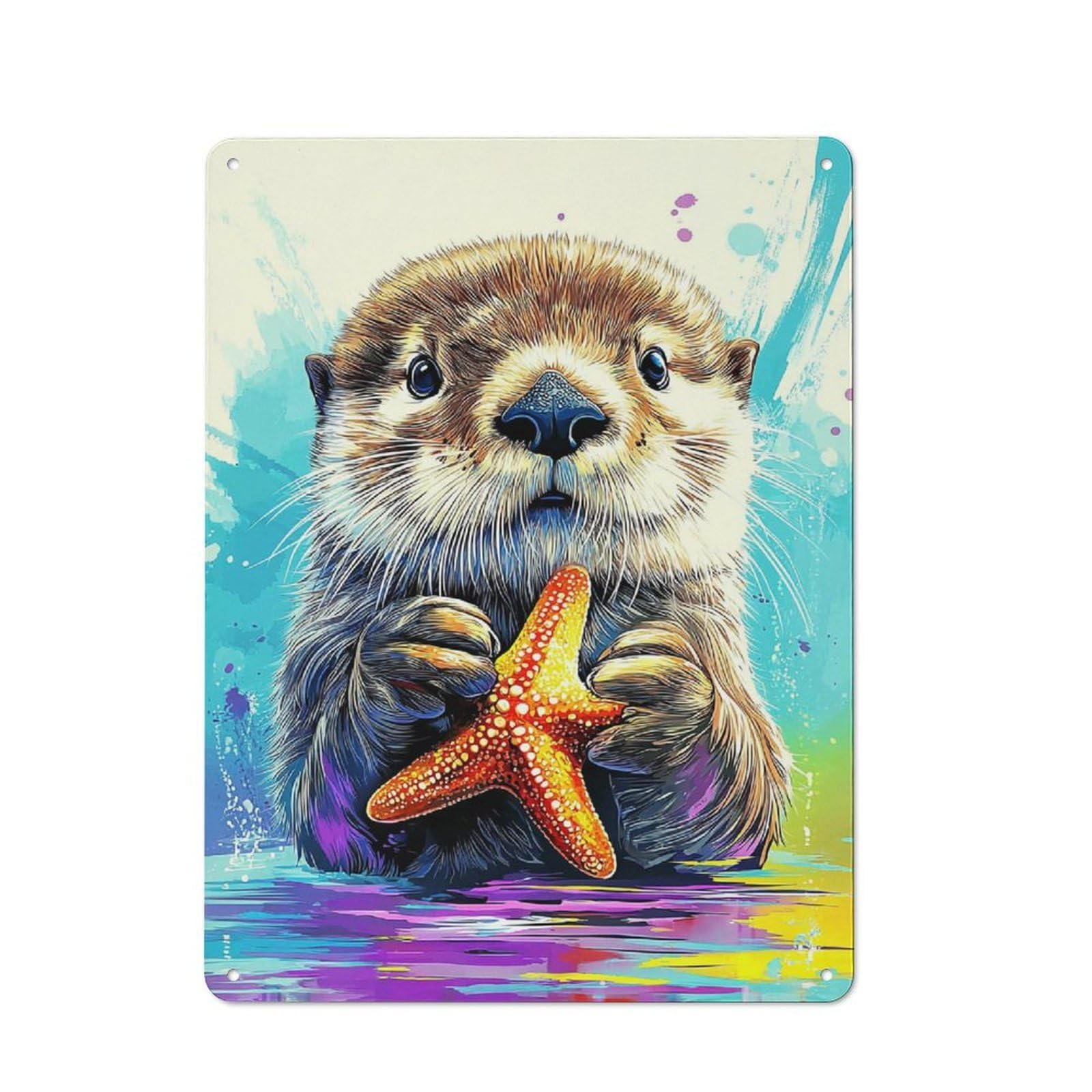 Junmoney Otter With Starfish In Watercolor -1 Tin Wall Plaque 40X30cm With For Man Cave Or Games Room, For Garage, Workshop And Man Cave Decoration