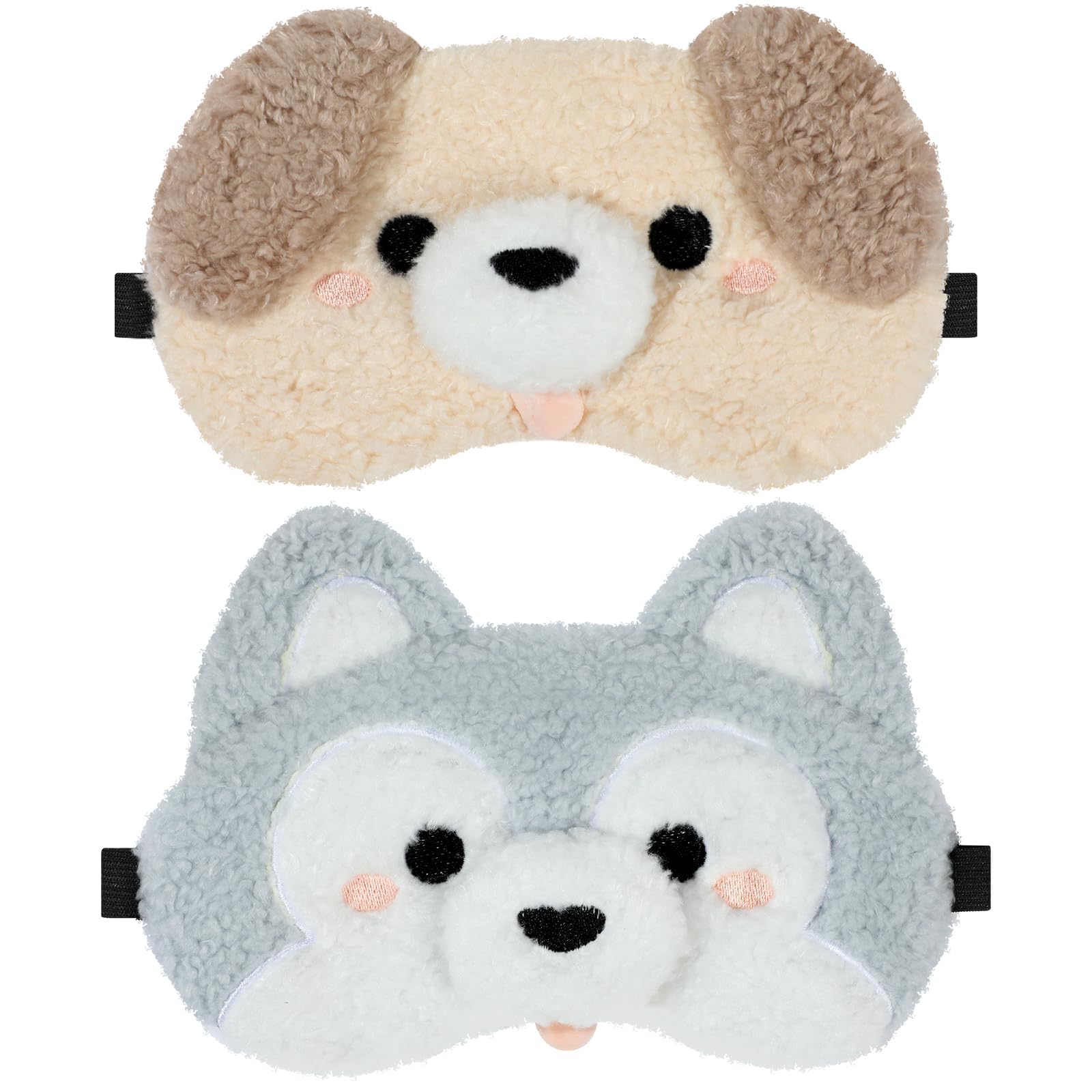 2PCS, Cute Sleep Mask, Cute Plush Dog Sleeping Mask - Adjustable Elastic Strap Eye Cover, Soft Puppy Blindfold for Blackout Sleep Travel Nap, Funny Cartoon Animal Eyeshade for Kids Adults Girls Boys