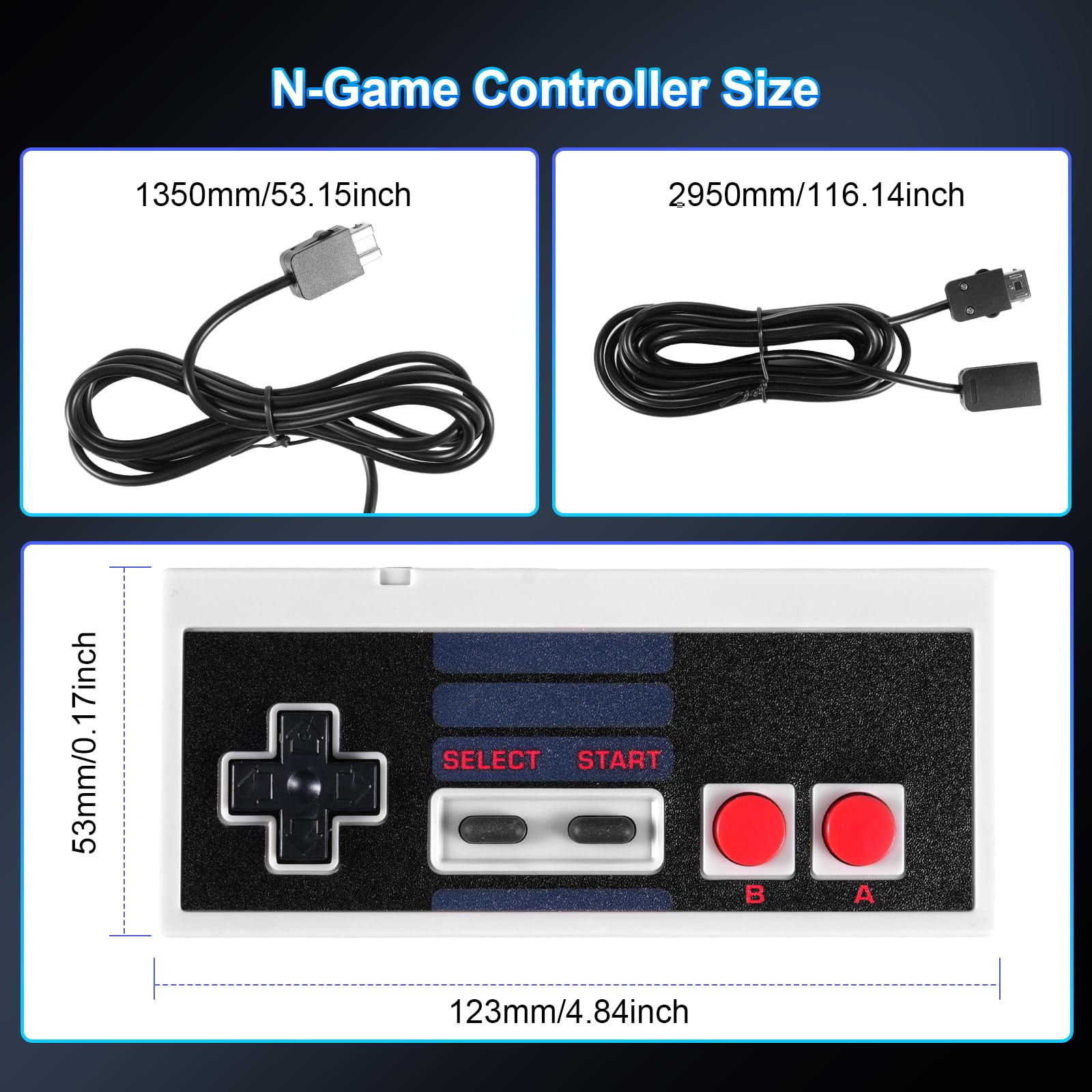 Binghe NES Game Controller, Mini Classic Edition Controller con NES Interfaz y 3M Cable Alargador Compatible con Nintendo NES/PC/M-A-C/Raspberry Pi 3(2 Piezas)