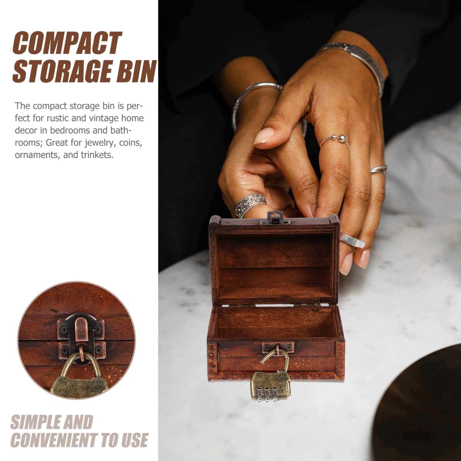 Boîte à Bijoux En Bois Vintage Avec Serrure à Combinaison - Coffre Au Trésor Portable 12x8x8cm - Idéale Rangement Souvenirs & Escape Game - 13