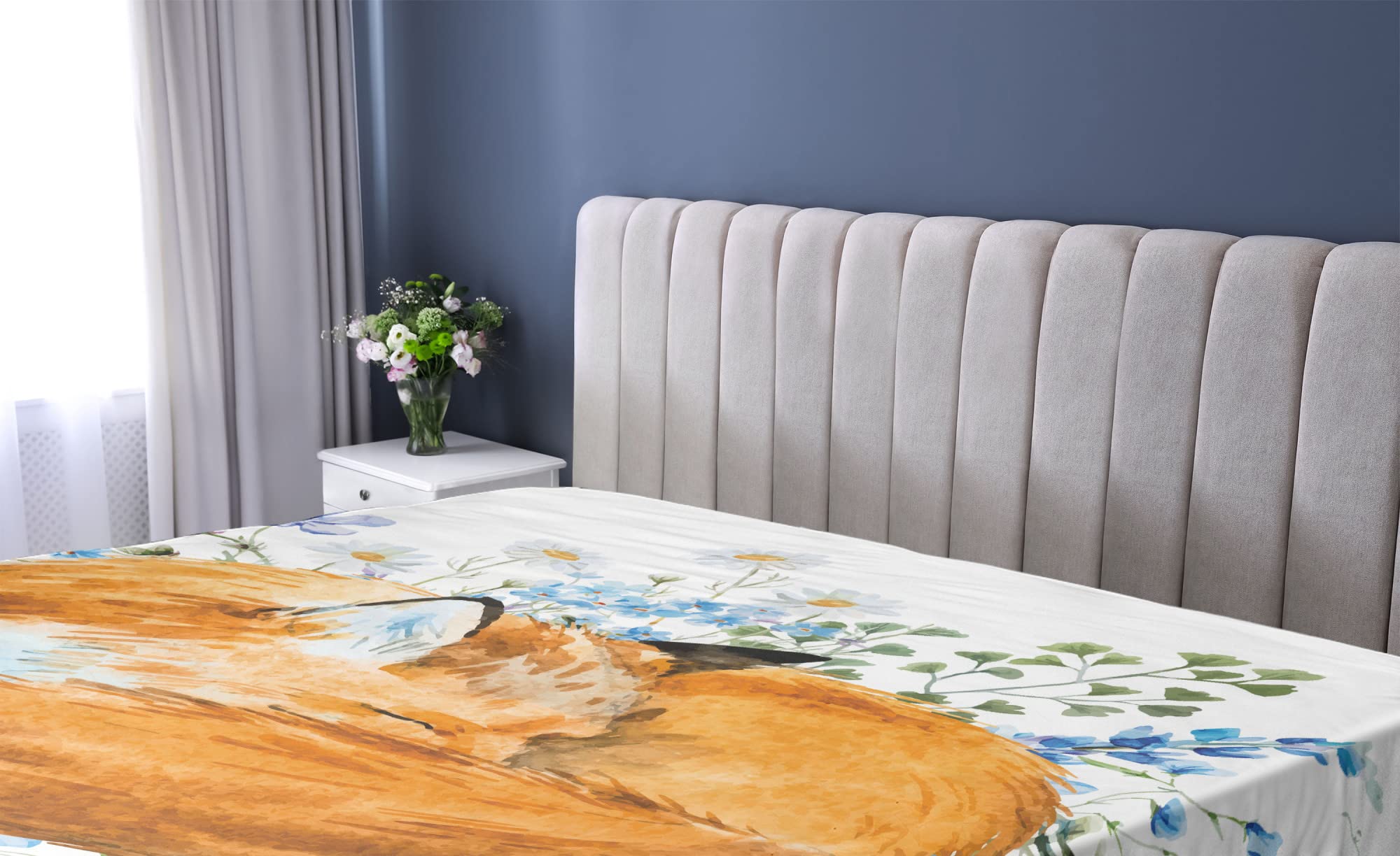 Ambesonne Fox Fitted Sheet, Sleeping Fox in Watercolors Hand Drawn Fresh Wild Flowers Blossoms Art, Soft Decorative Fabric Bedding All-Round Elastic Pocket, Queen Size, Olive