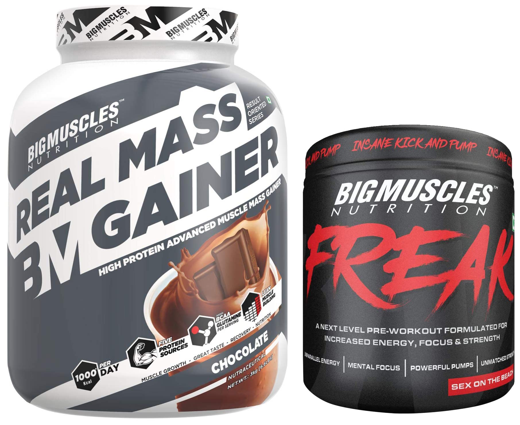 Bigmuscles Nutrition Real Mass Gainer Powder [ Pack of 3Kg, Chocolate] & Freak Pre-Workout Sex on the Beach [30 Servings, Pack of 180g powder]