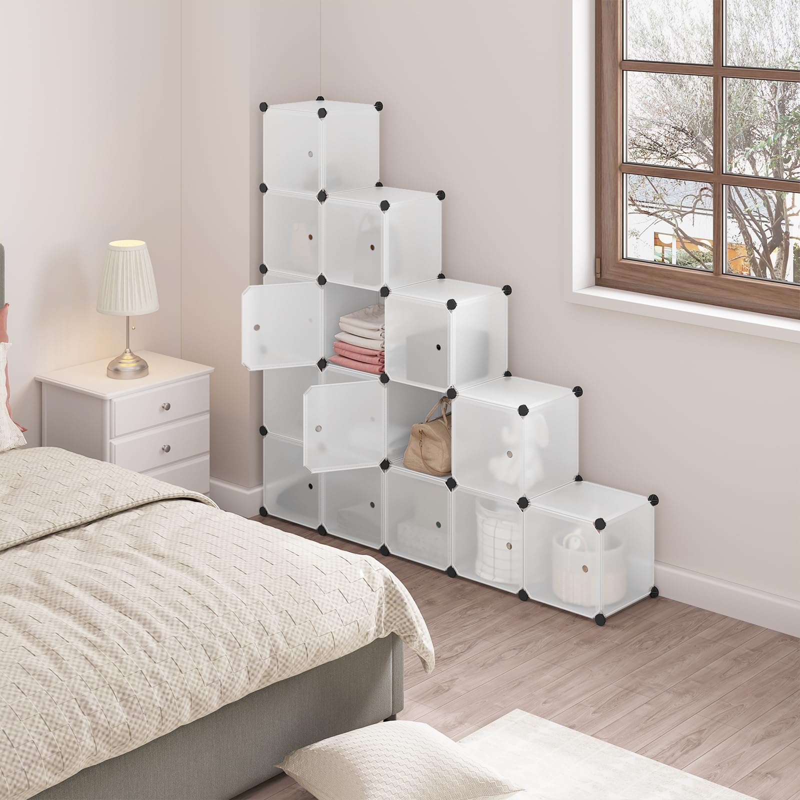 WOLTU Steckregal, Regalsystem, 15 Würfel, DIY Würfelregal, modulare PP-Platten, als Garderobe Schuhregal Raumteiler, für Wohnzimmer Schlafzimmer Flur, Weiß