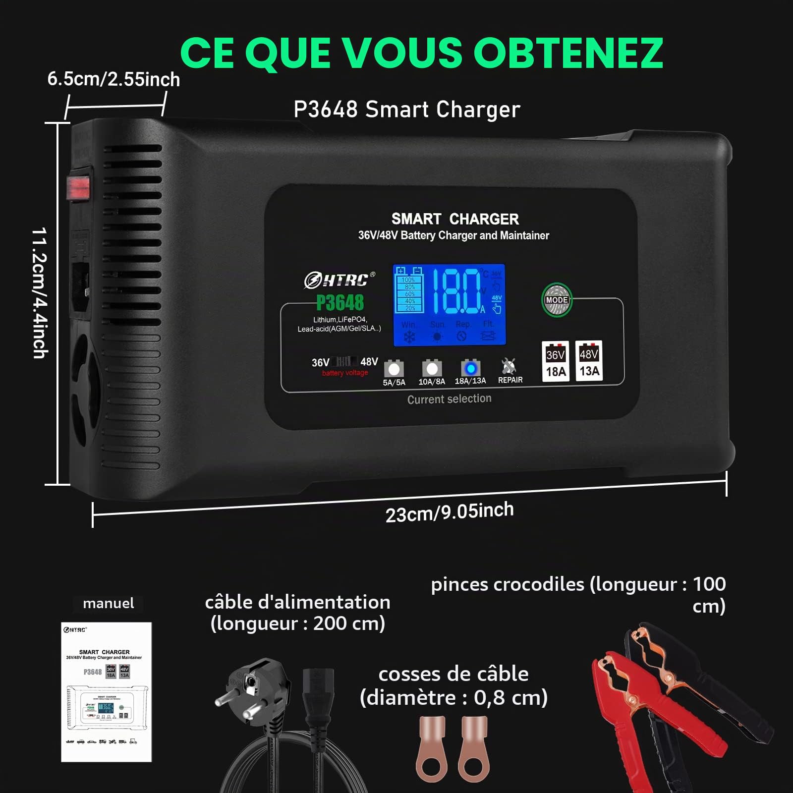 Haisito P3648 Chargeur Batterie Voitures 36V 18A/48V 13A, Chargeur Batterie Auto et Moto Rapide Intelligent, Maintien et Désulfateur pour Lithium LiFePO4 Plomb Acide AGM Golf Chariot EZGO TXT
