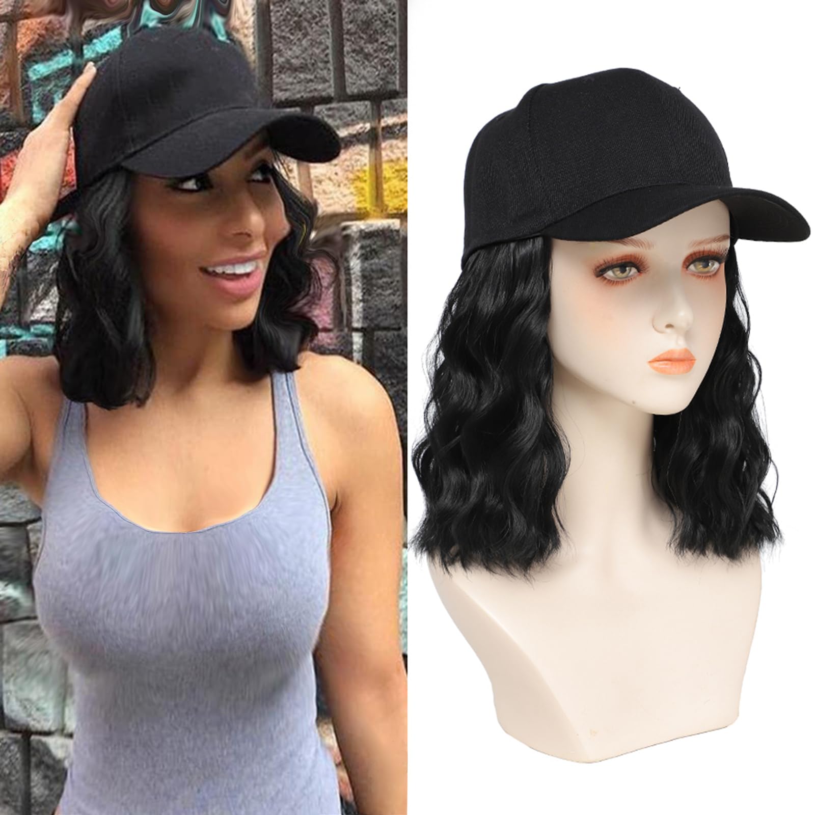 AliRobam Synthetic Wig Hat with Natural Wave hair Extensions attached for woman Baseball cap wig curly wavy Hairstyle Adjustable black Hat Wig (Black, 14inch)