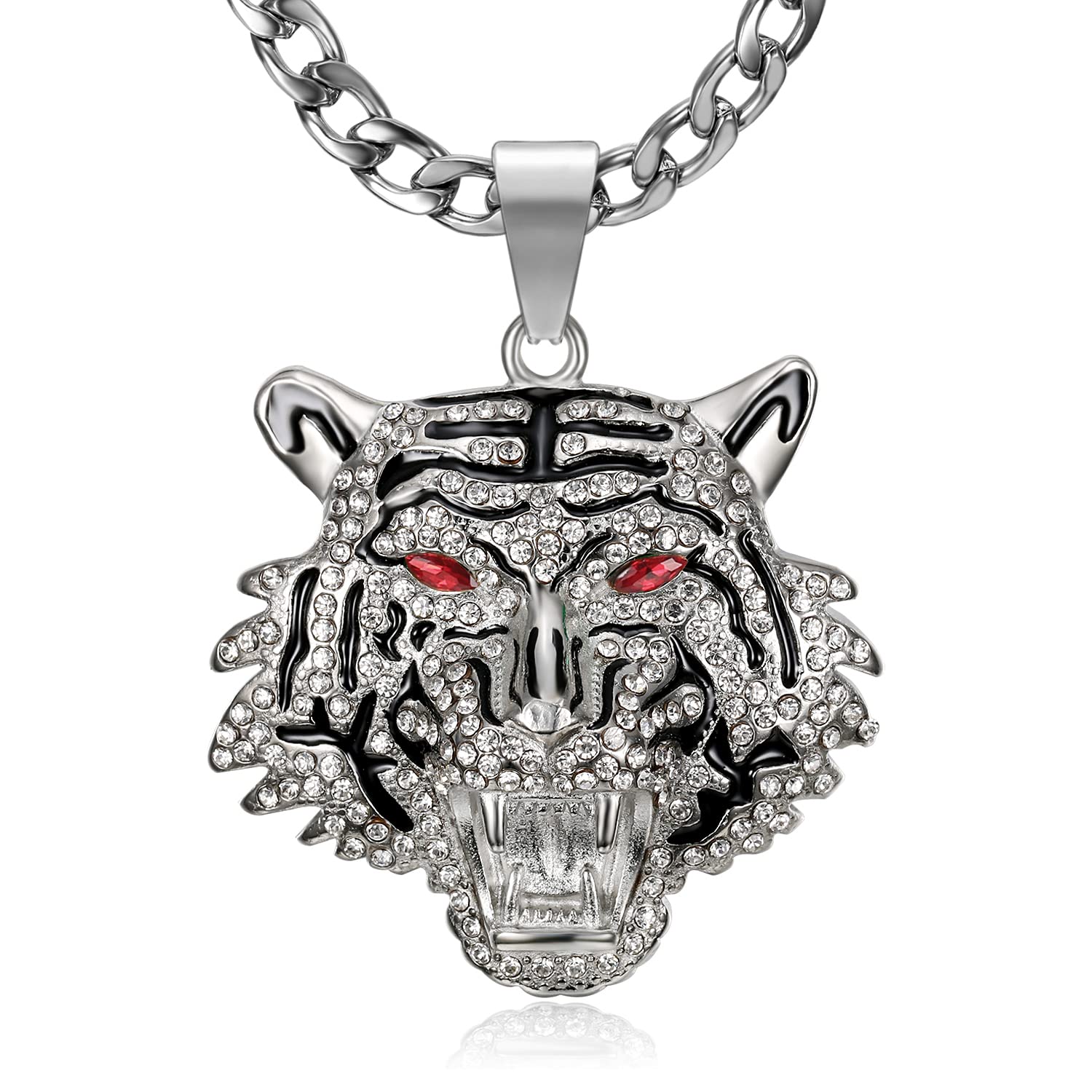 Cz Fully Roaring Tiger Head With Green Red Eyes Pendant