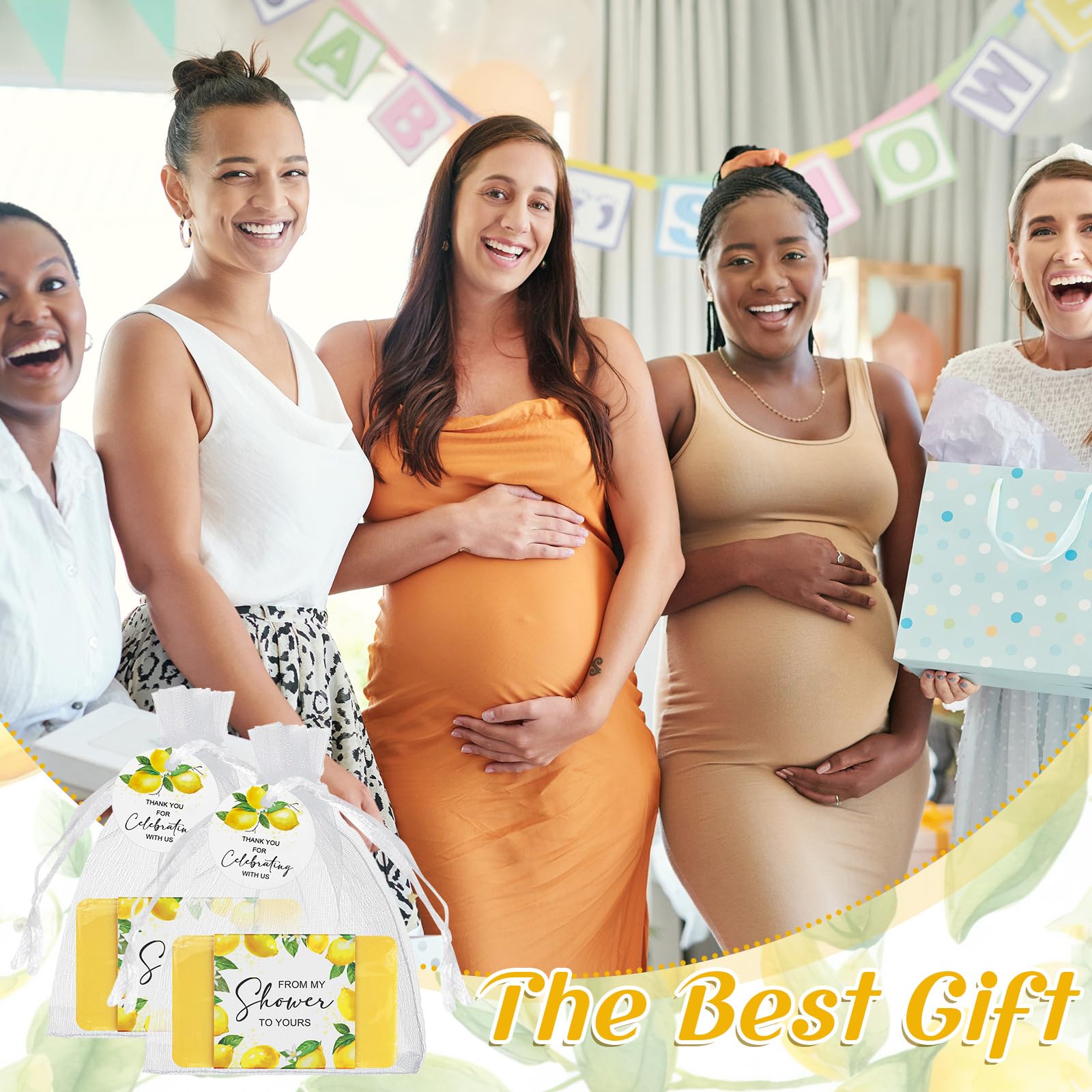 Queekay Lot de 48 mini savons parfumés pour fête prénuptiale avec étiquettes de remerciement et sacs en organza pour fille et garçon (citron)