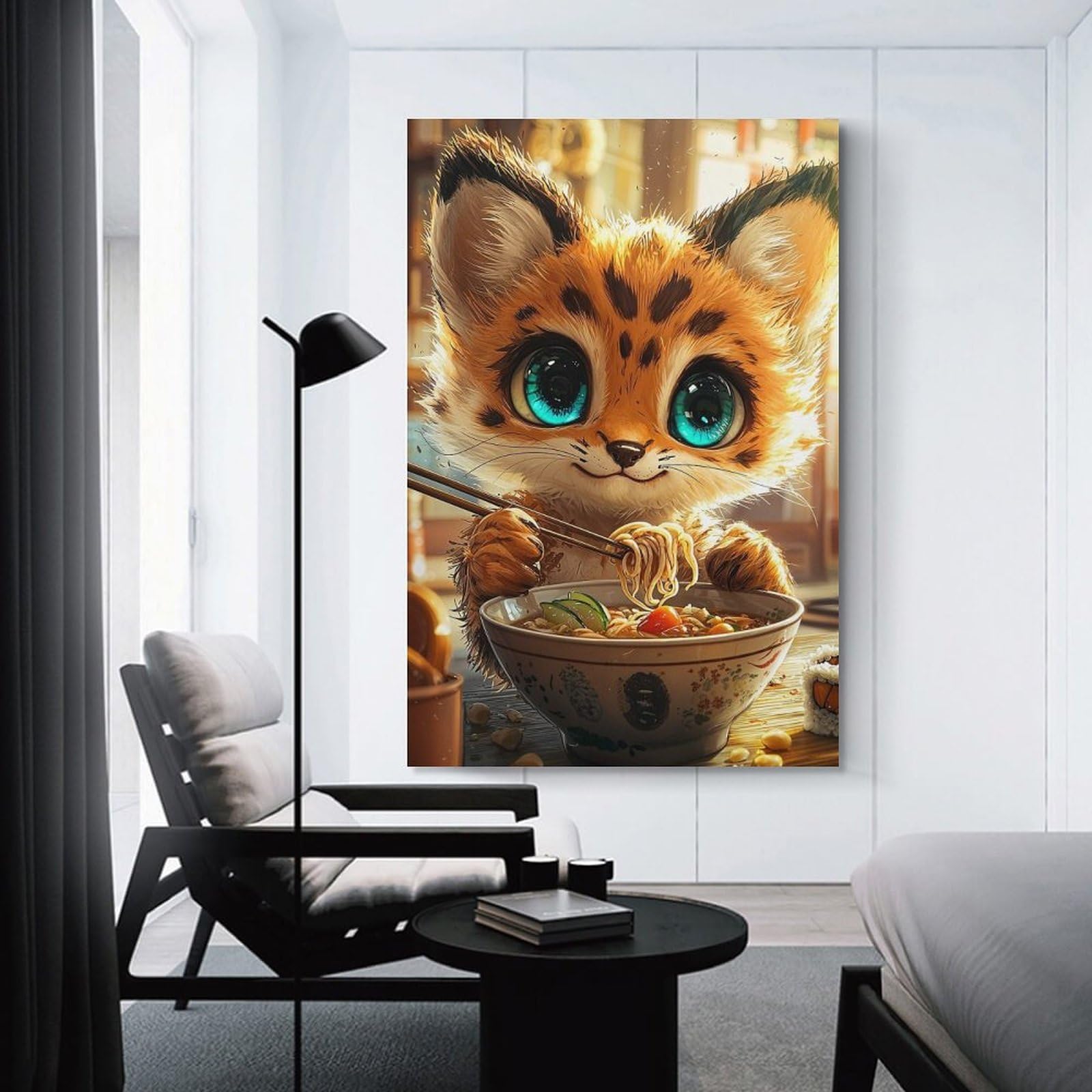 Junmoney Cute Cat Eating Ramen Canvas Wall Decor 20x30inch(50x75cm), for Workspace Walls, Study Corners Or Bedrooms, Decorative Artwork for Productive Spaces