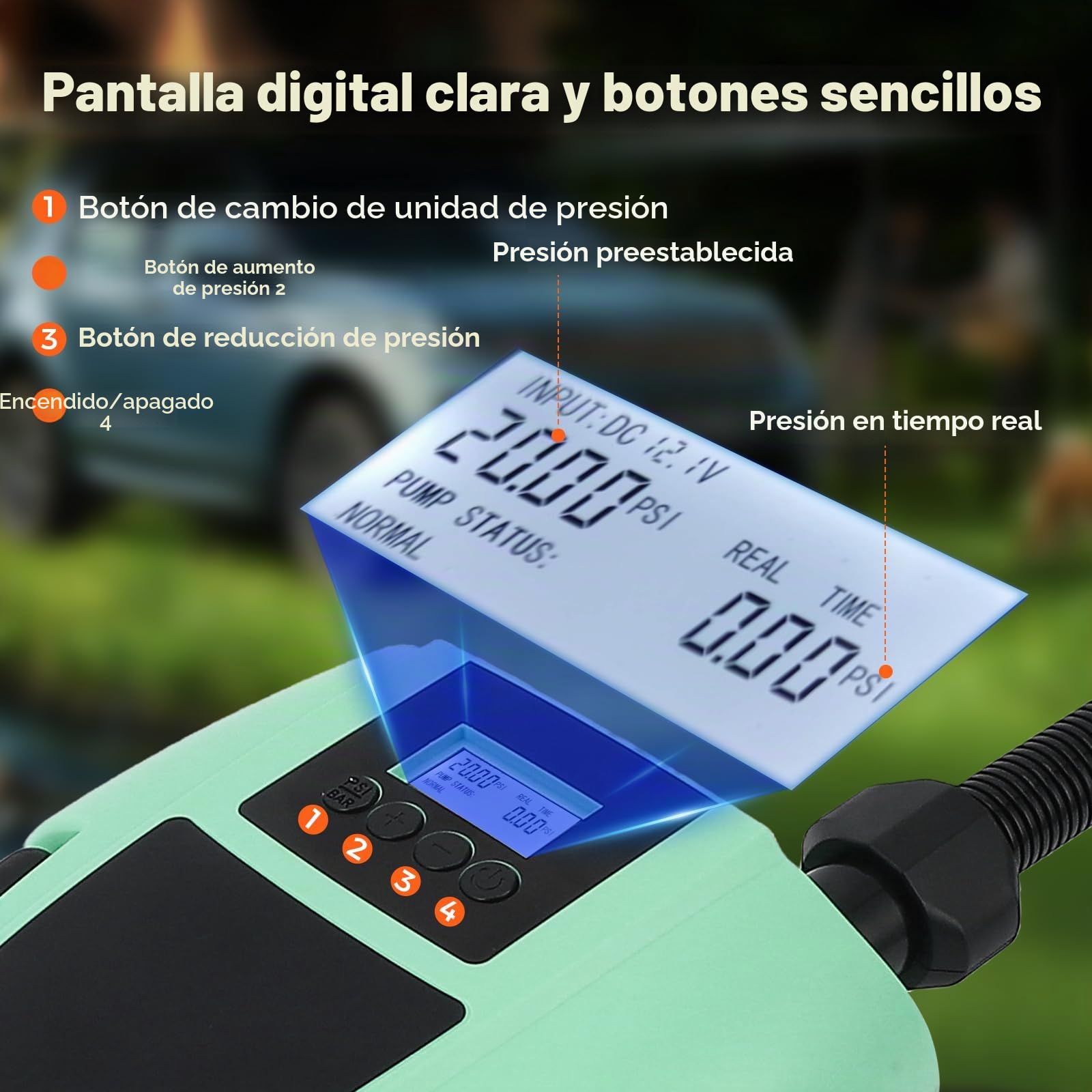 Bomba Eléctrica para Sup, Bomba de 12V con Apagado Automático, Presión Ajustable de 20PSI y Pantalla Digital, Bomba de Aire Eléctrica con 7 Boquillas para Botes, Colchones