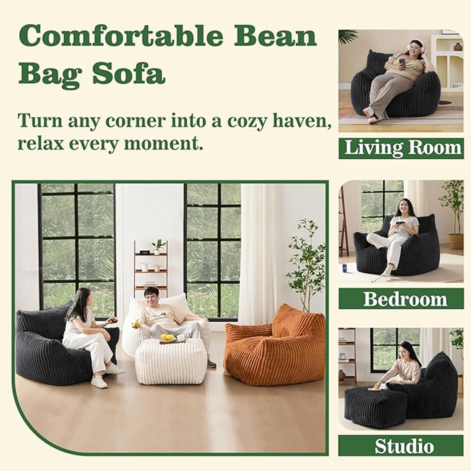 Sitzsack XXL für Erwachsene mit Ottoman, Corduroy Bezug, High-Rebound Füllung, Ergonomischer Relax Liegesessel (Schwarz)