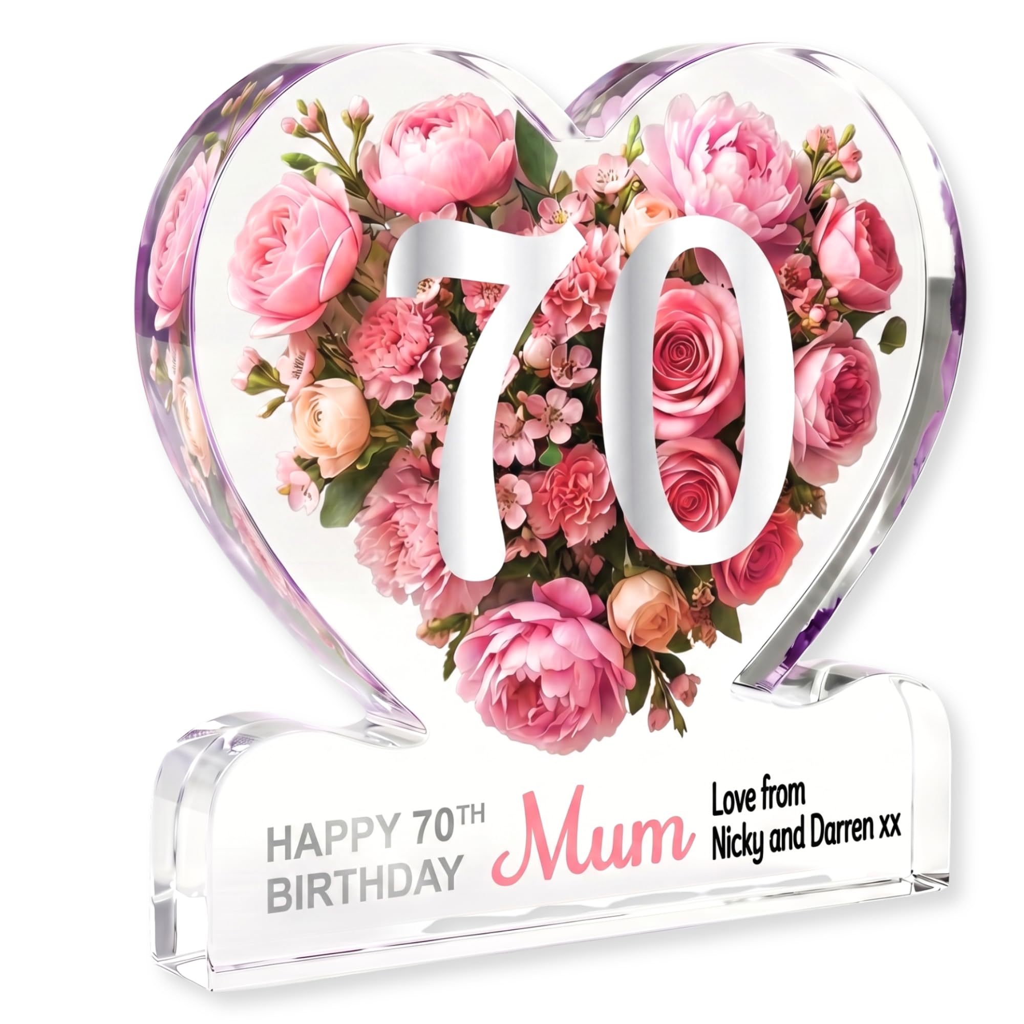 MyKeepsy Personalised 70th Birthday Plaque – Custom Name & Message Heart Acrylic Keepsake, Floral 70 Decoration Gift, 5 Colours (Soft Pink) — image 1