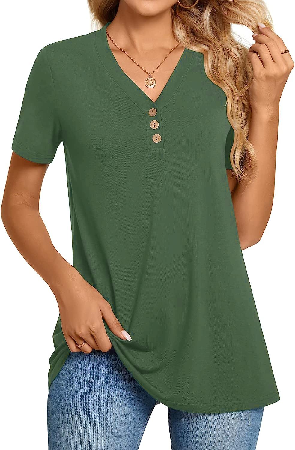 Ranphee Camiseta de Manga Corta con Cuello en V para Botones Mujer Blusa Top