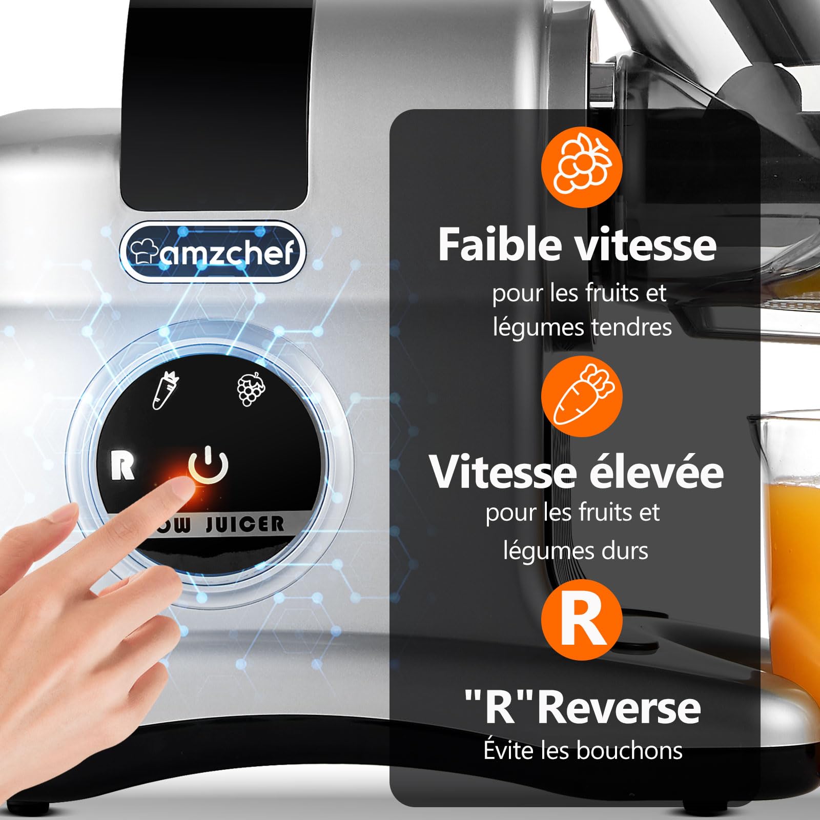 AMZCHEF Extracteur de jus à goulotte large 80 mm 150W mastication lente 2 modes vitesse Reverse Argent