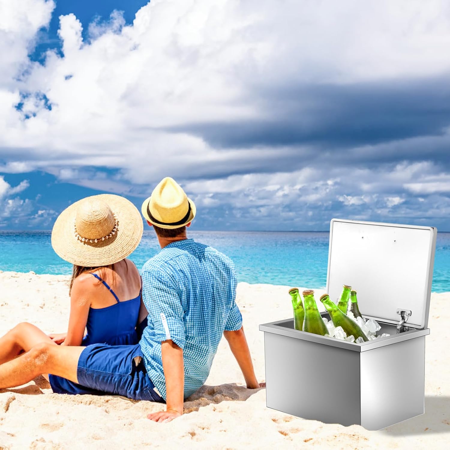 GarveeLife Drop in Ice Chest, 20" L x 16" W x 13" H Stainless Steel Ice Cooler, Commercial Ice Bin with Hinged Cover, Outdoor Kitchen Ice Bar, Drain-Pipe and Drain Plug Included, for Cold Wine Beer