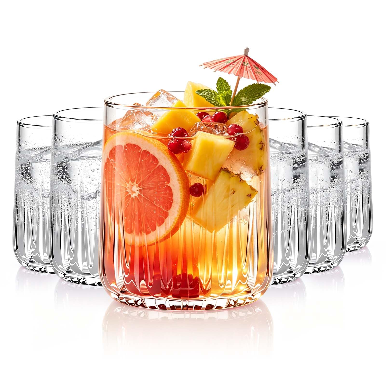 TOLASTO Ribbed Drinking Glasses Set of 6, 340ml Glass Tumblers Set, Clear Fluted Water Glasses, Vintage Short Tumblers for Juice, Cocktails, Iced Coffee, Mojito, Whisky and Soft Drinks